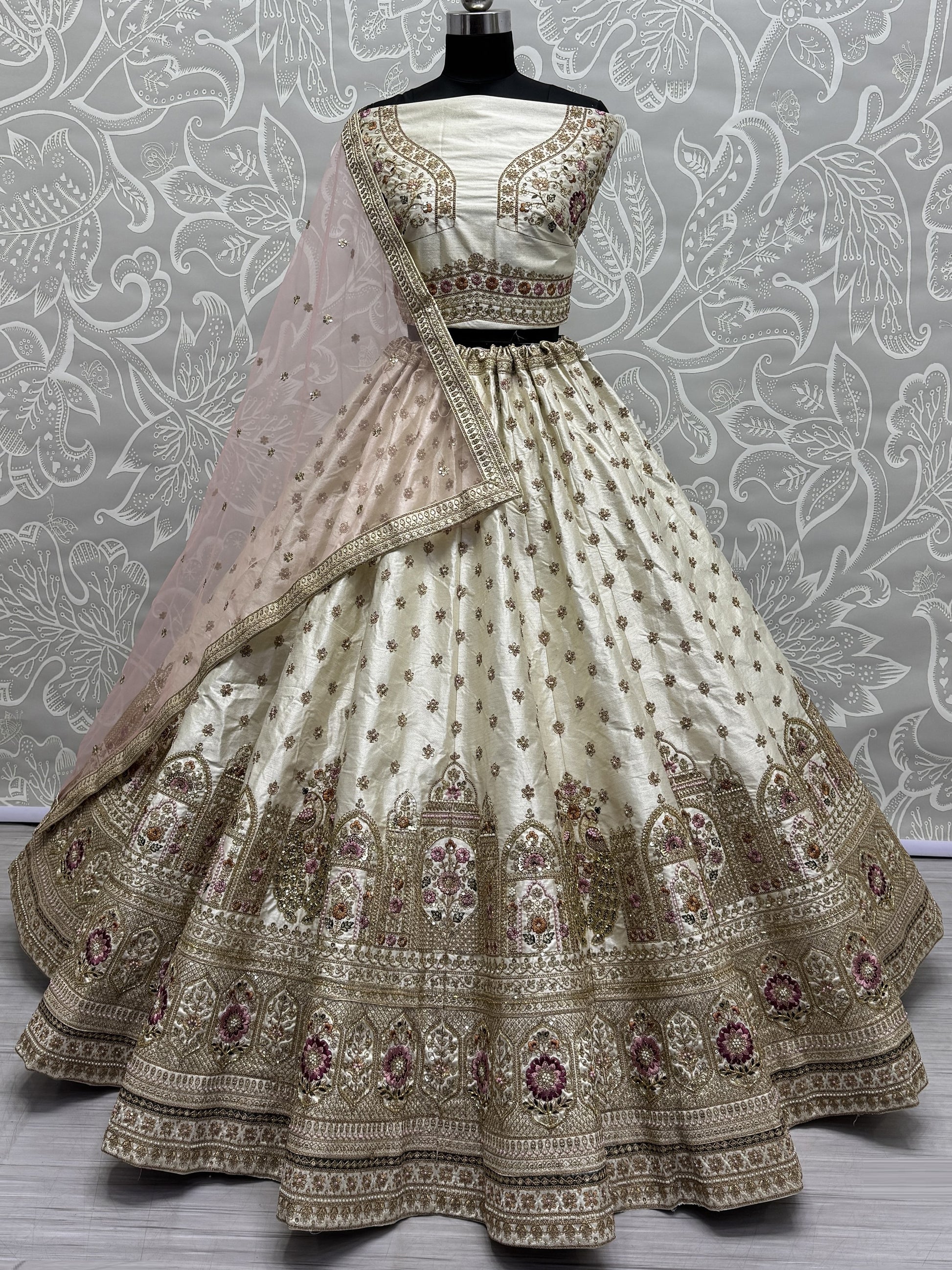 Stunning Off-White Sequins Work Silk Wedding Lehenga Choli With Double Dupatta