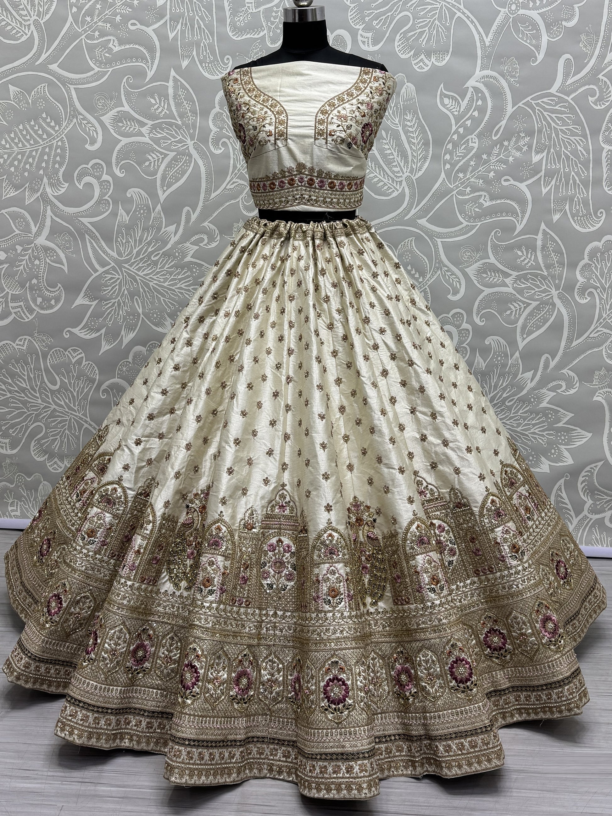 Stunning Off-White Sequins Work Silk Wedding Lehenga Choli With Double Dupatta