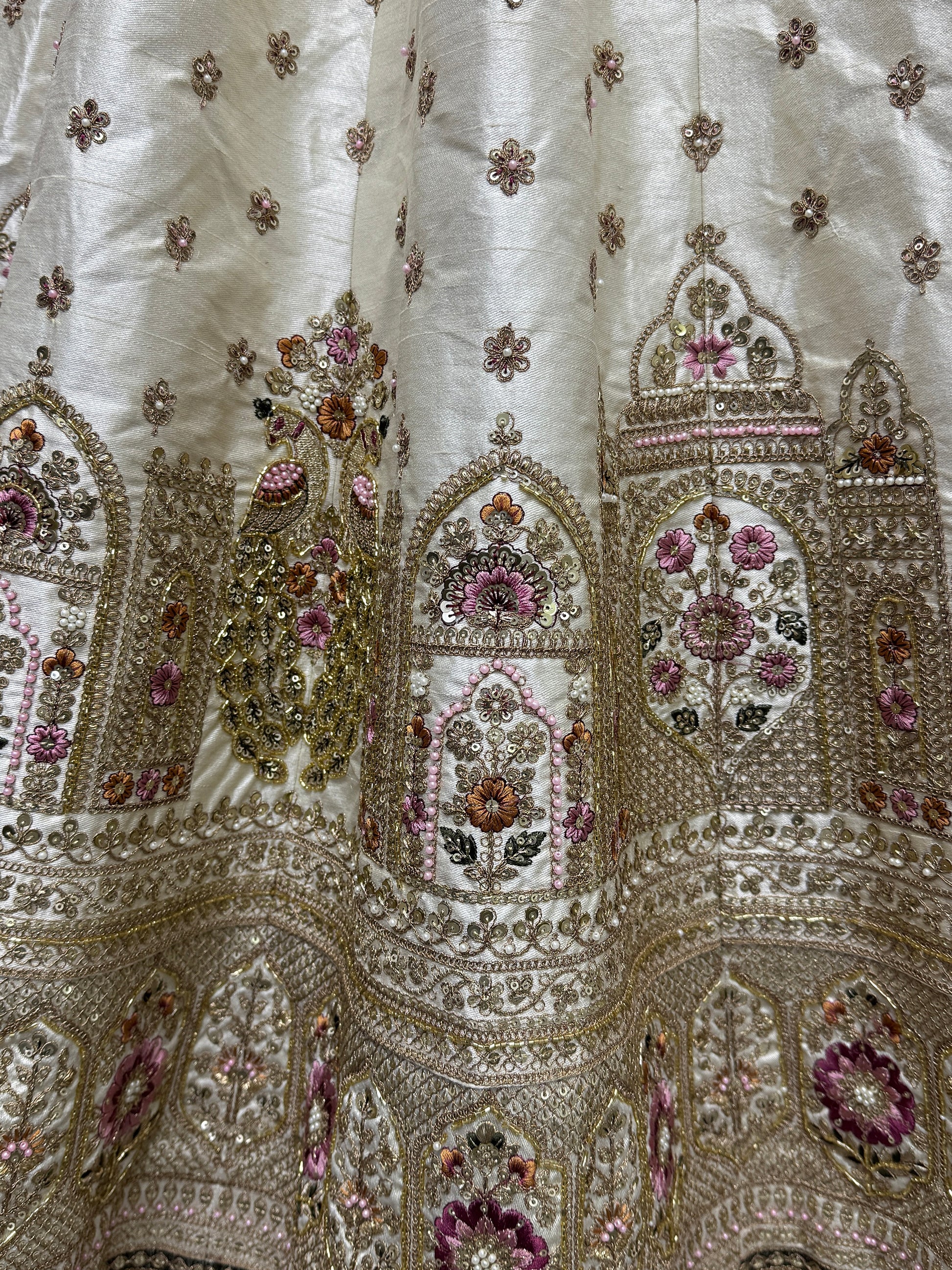 Stunning Off-White Sequins Work Silk Wedding Lehenga Choli With Double Dupatta