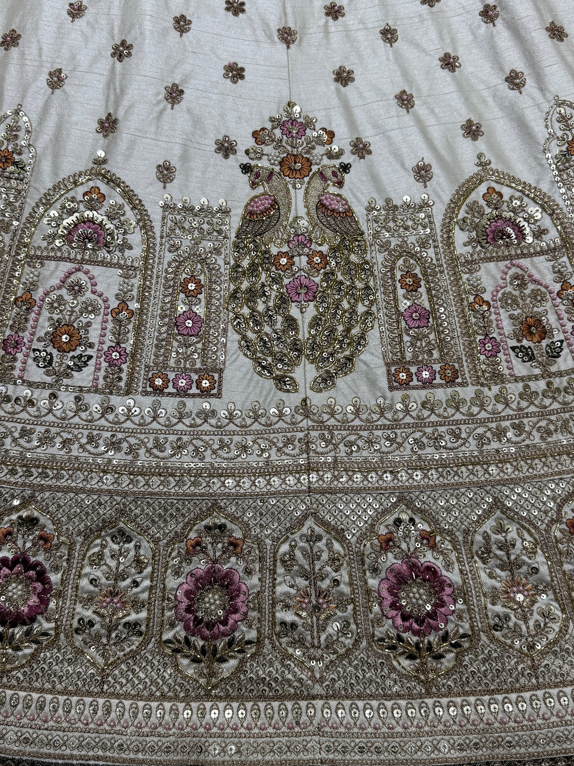 Stunning Off-White Sequins Work Silk Wedding Lehenga Choli With Double Dupatta