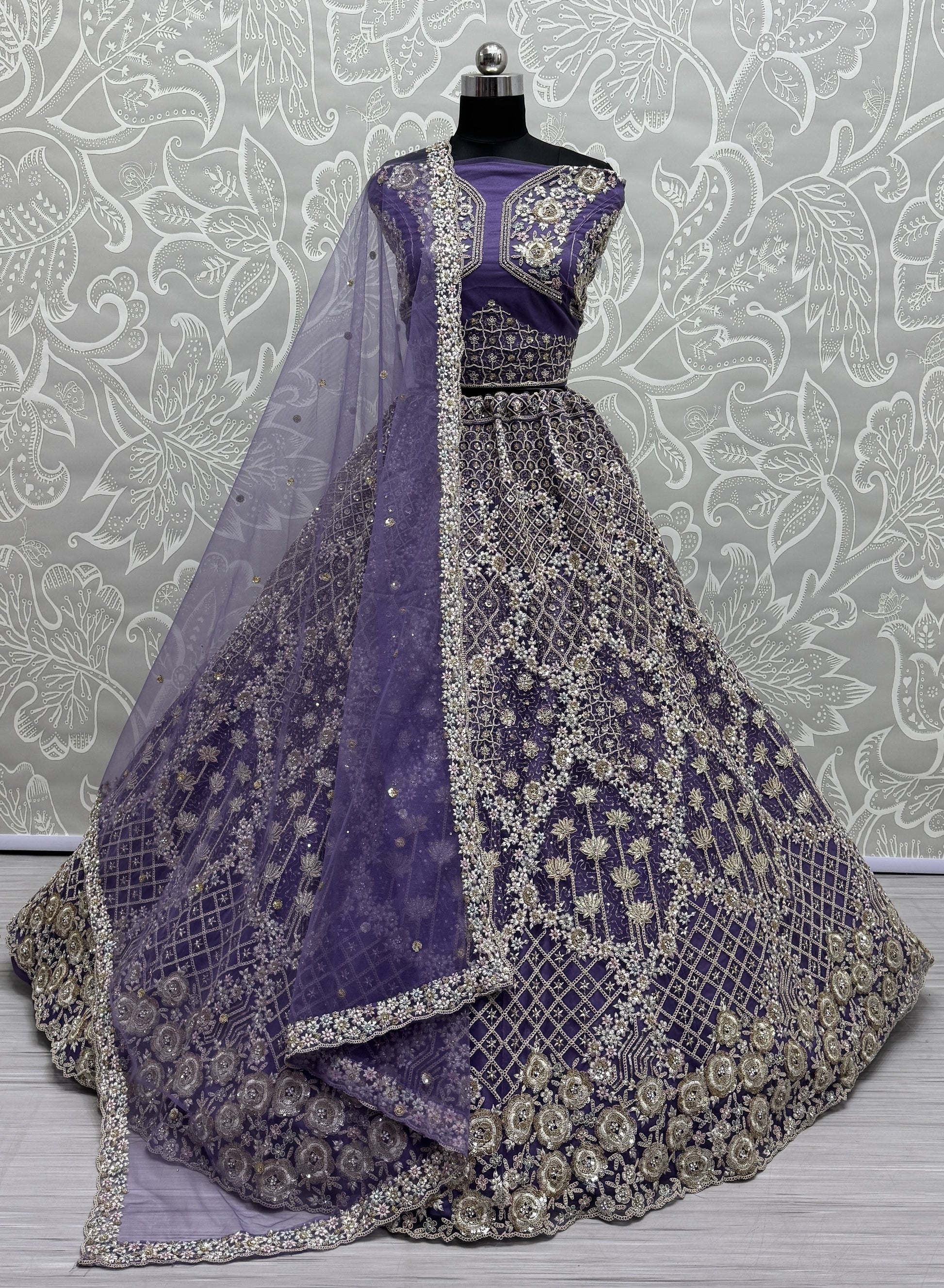 Alluring Purple Thread Embroidery Net Wedding Lehenga Choli