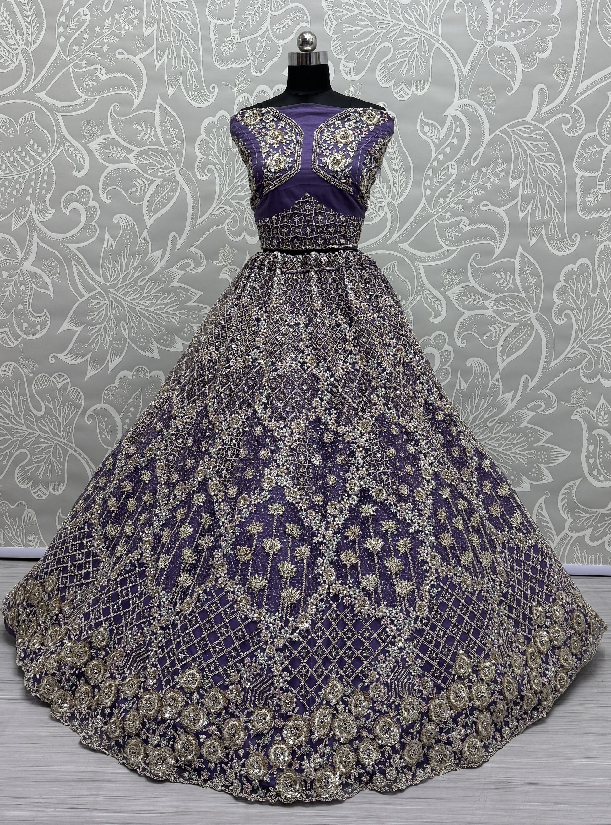 Alluring Purple Thread Embroidery Net Wedding Lehenga Choli
