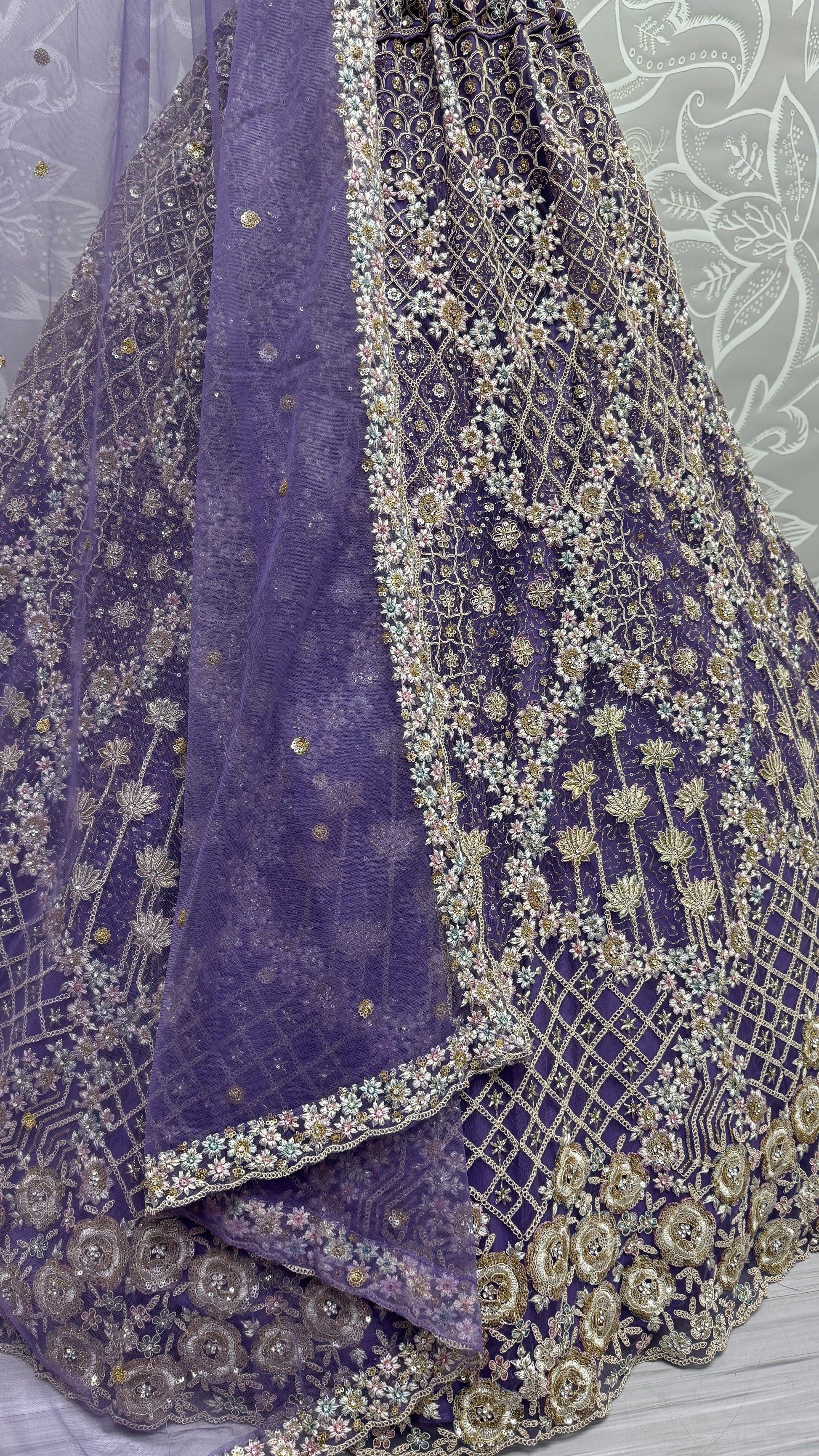 Alluring Purple Thread Embroidery Net Wedding Lehenga Choli