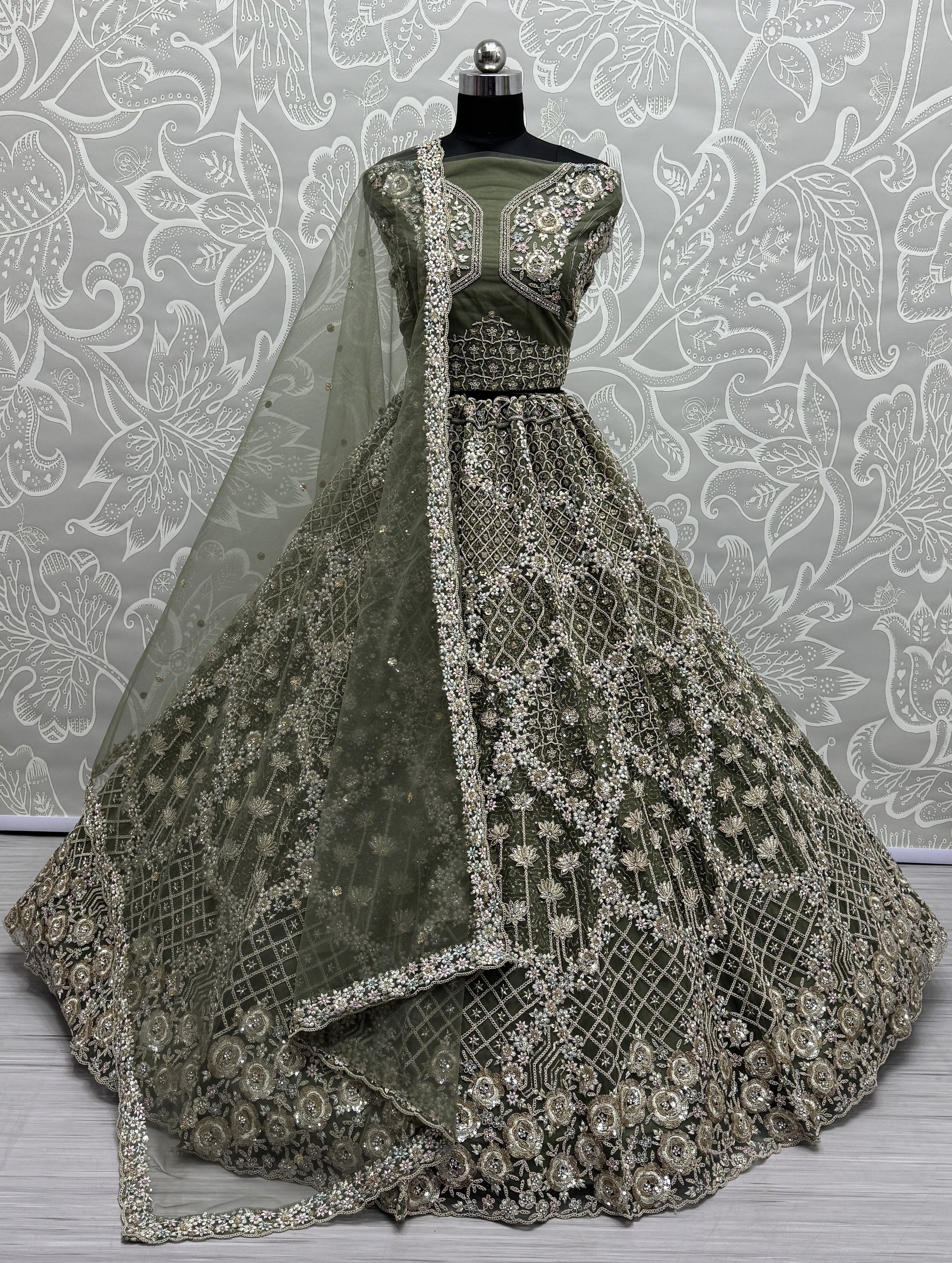 Pretty Green Thread Embroidery Net Bridal Lehenga Choli With Dupatta