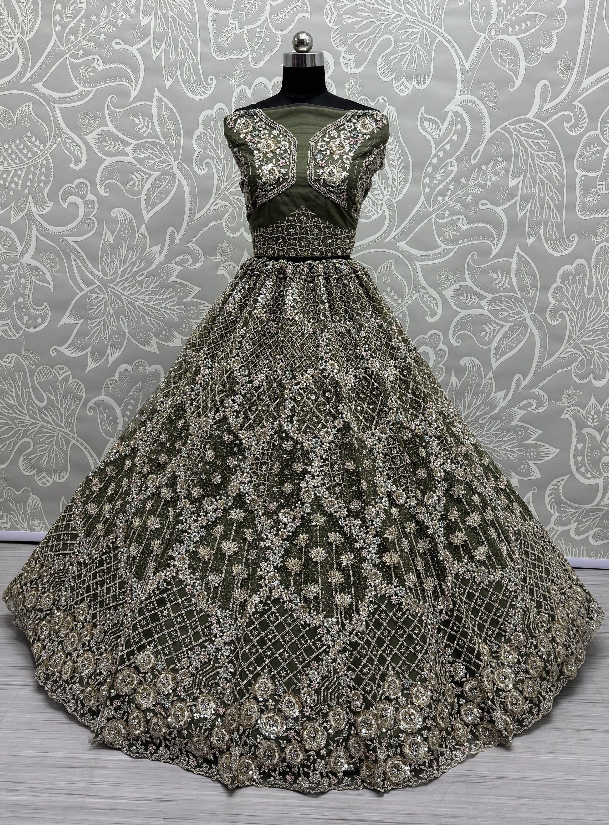 Pretty Green Thread Embroidery Net Bridal Lehenga Choli With Dupatta
