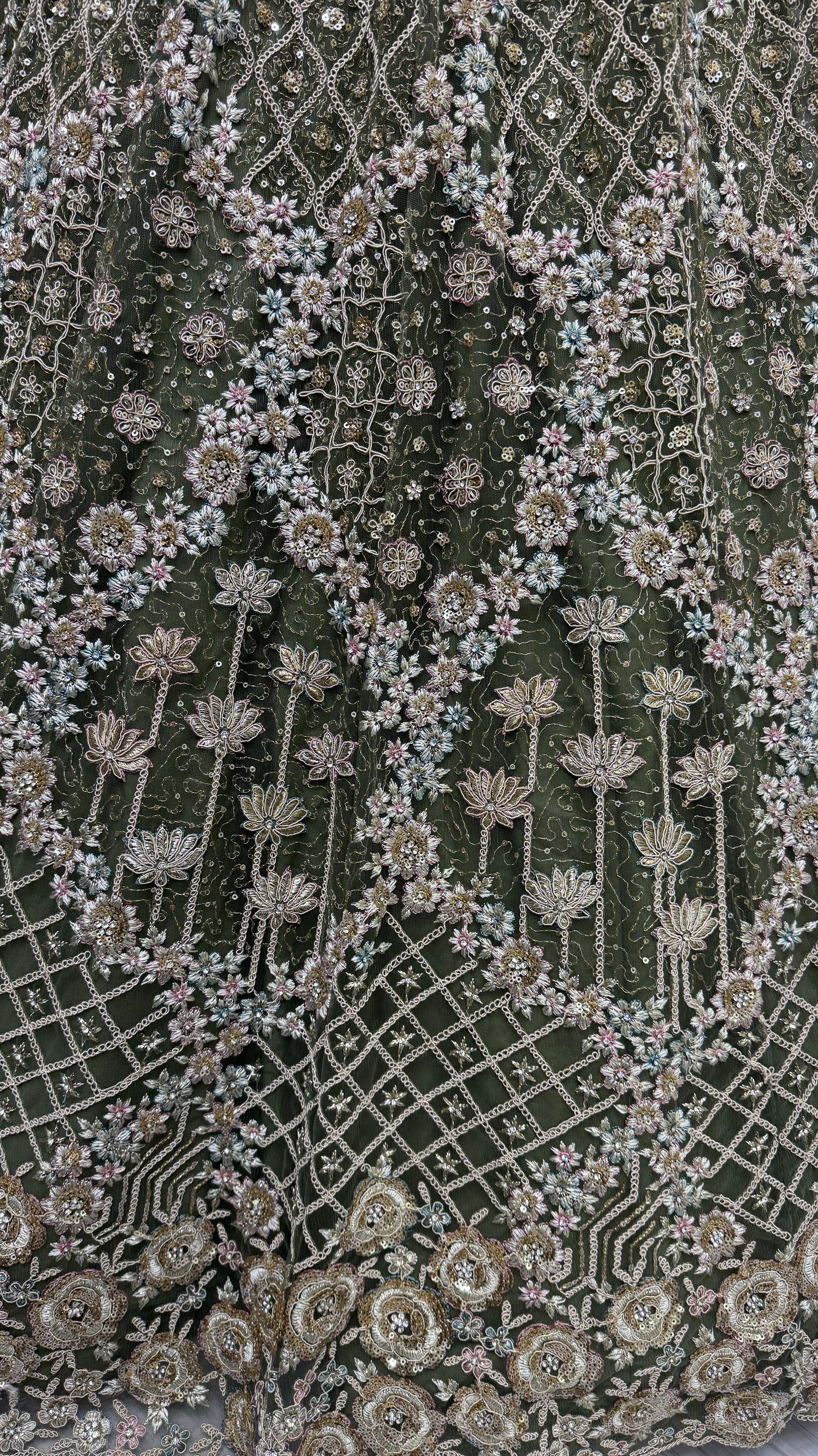 Pretty Green Thread Embroidery Net Bridal Lehenga Choli With Dupatta