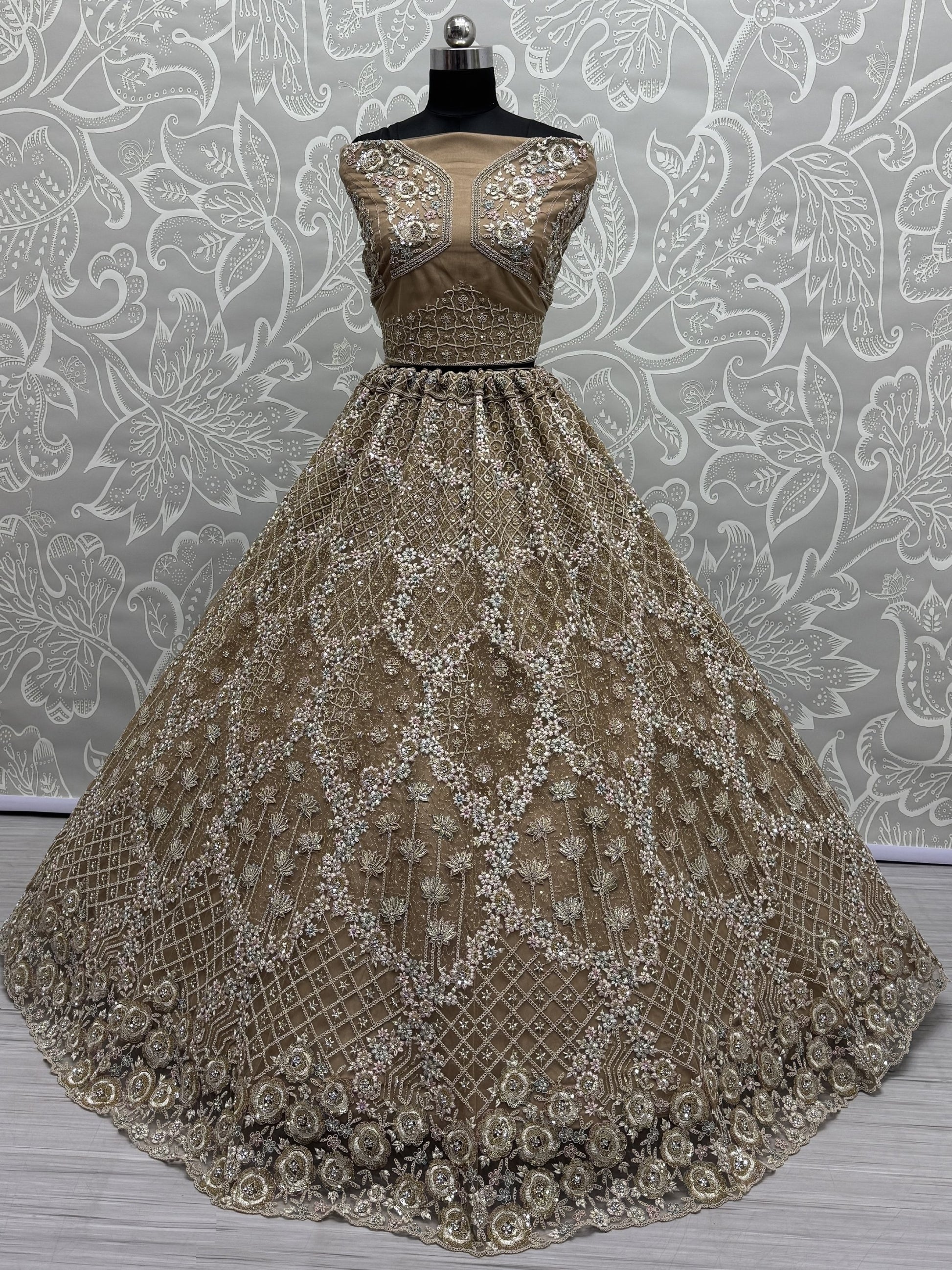 Amazing Golden Zirkon Work Net Engagement Wear Lehenga Choli