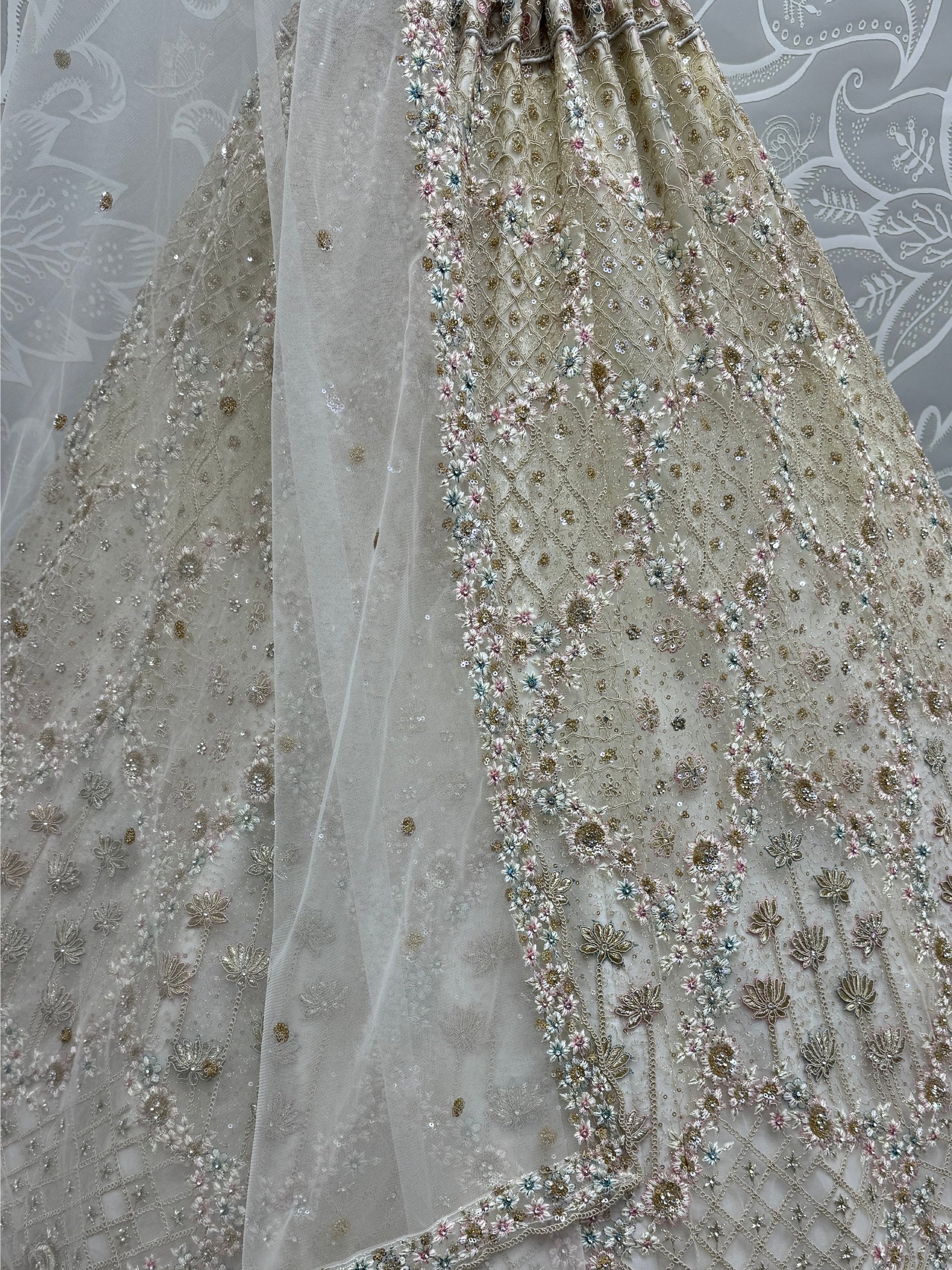 Wonderful Off-White Zirkon Work Net Bridesmaid Lehenga Choli With Dupatta