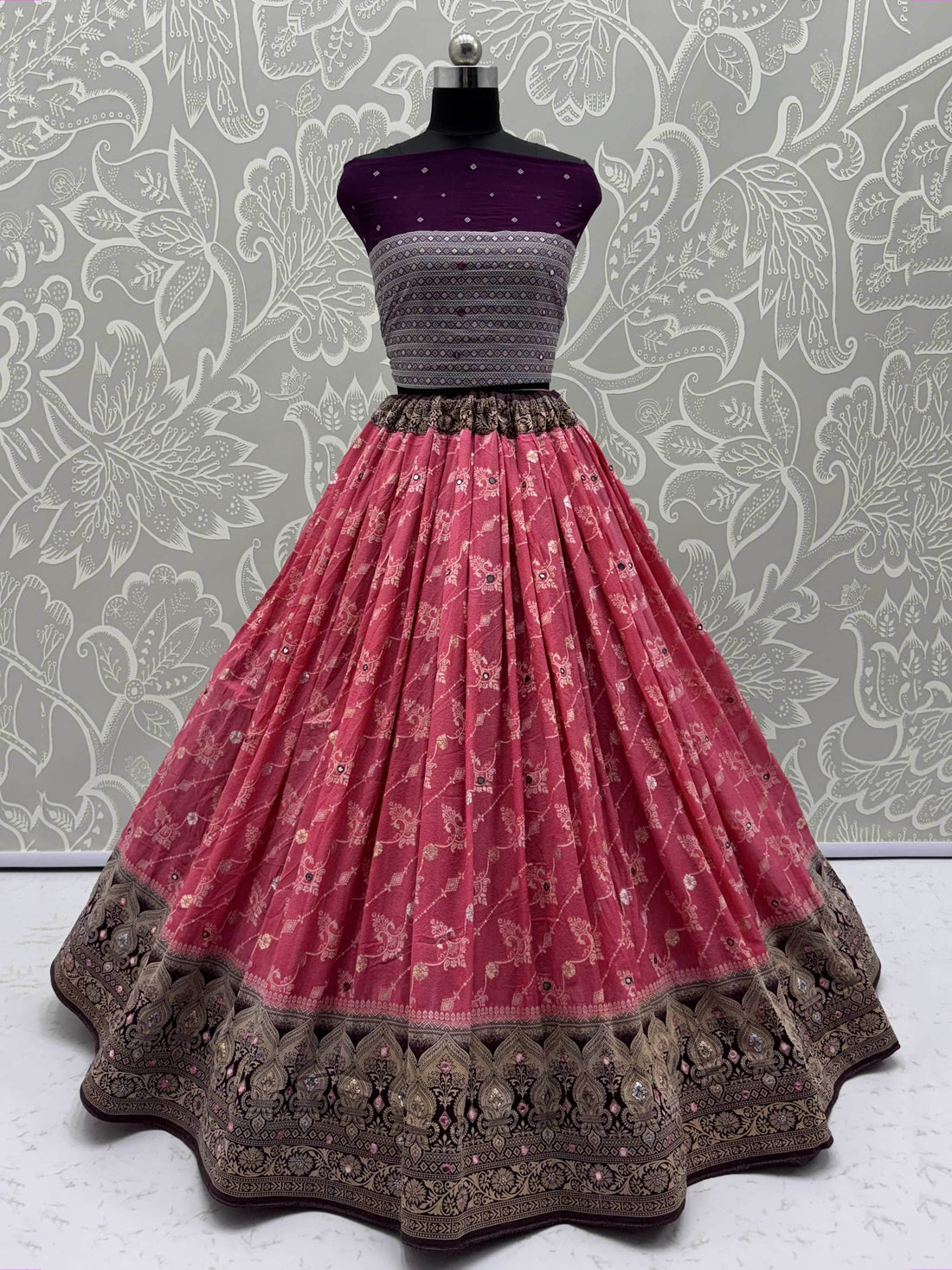Phenomenal Pink Mirror Work Georgette Festive Wear Lehenga Choli