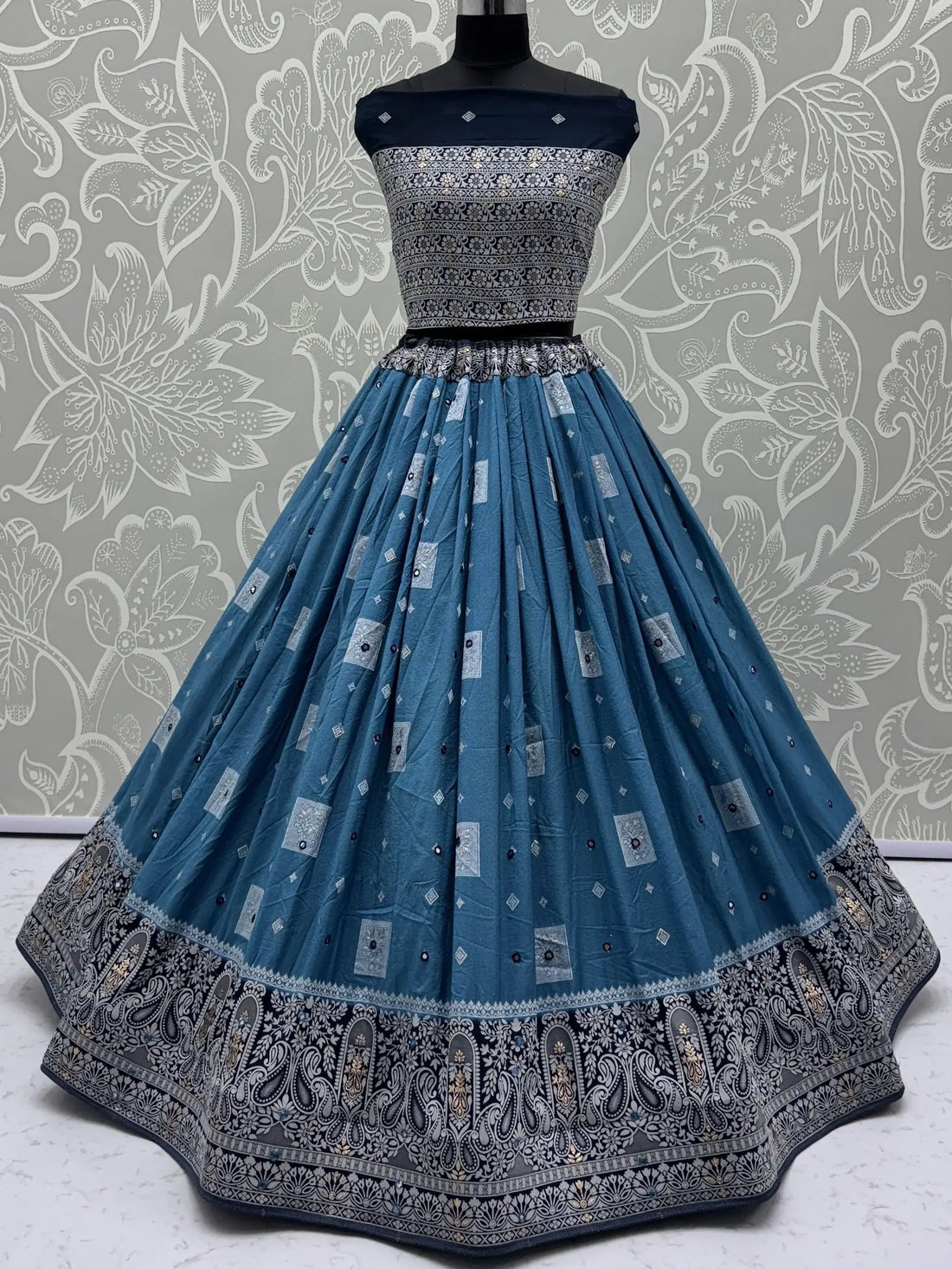 Timeless Sky Blue Mirror Work Georgette Festive Wear Lehenga Choli With Dupatta