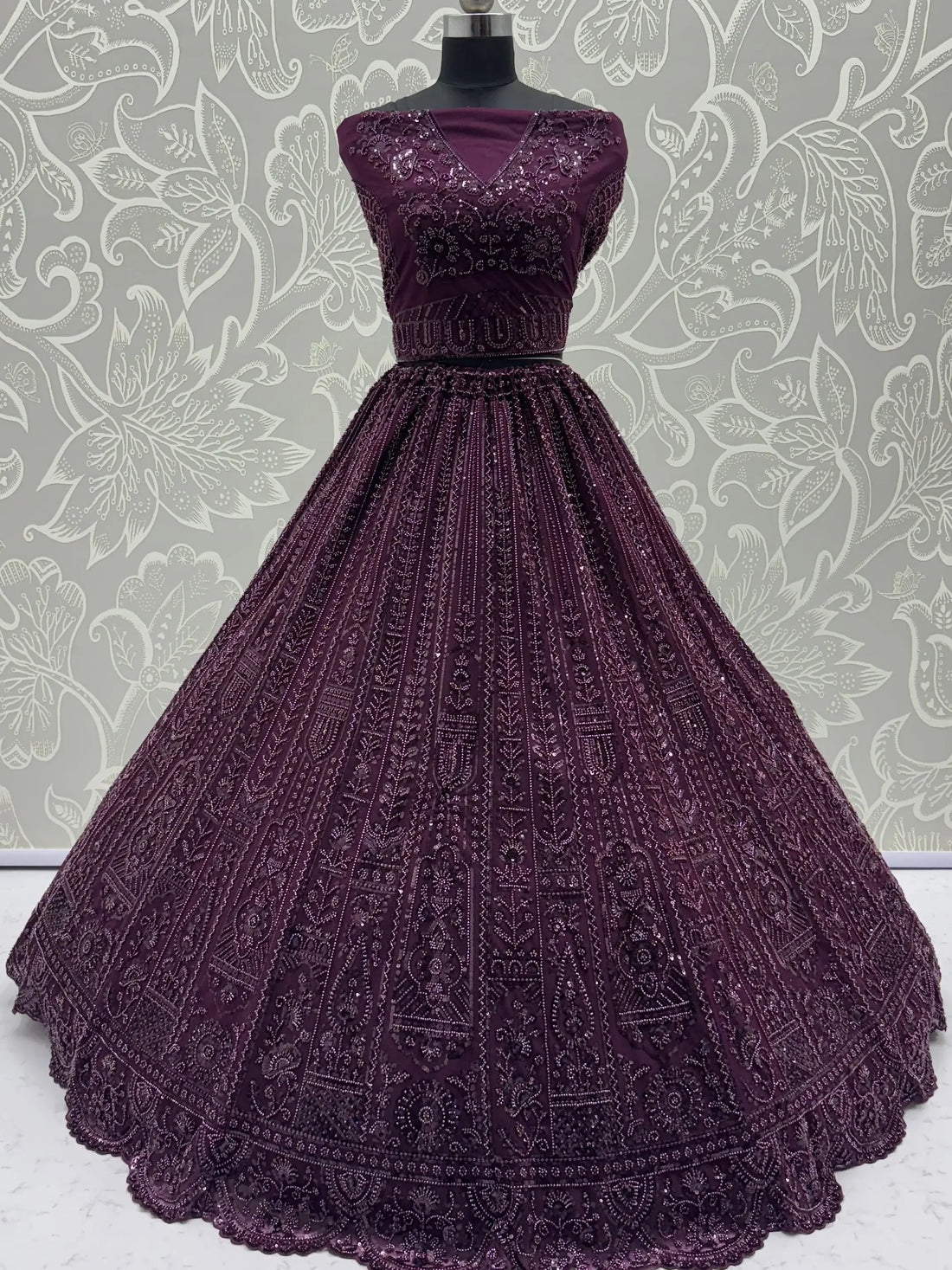 Monochrome Wine Sequins Embroidery Net Sangeet Wear Lehenga Choli