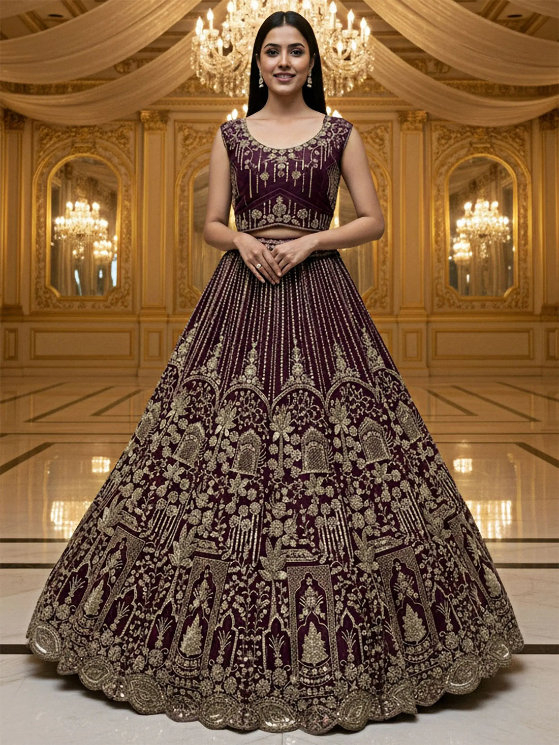 Stellar Dark Maroon Heavy Embroidered Net Bridal Lehenga Choli With Dupatta