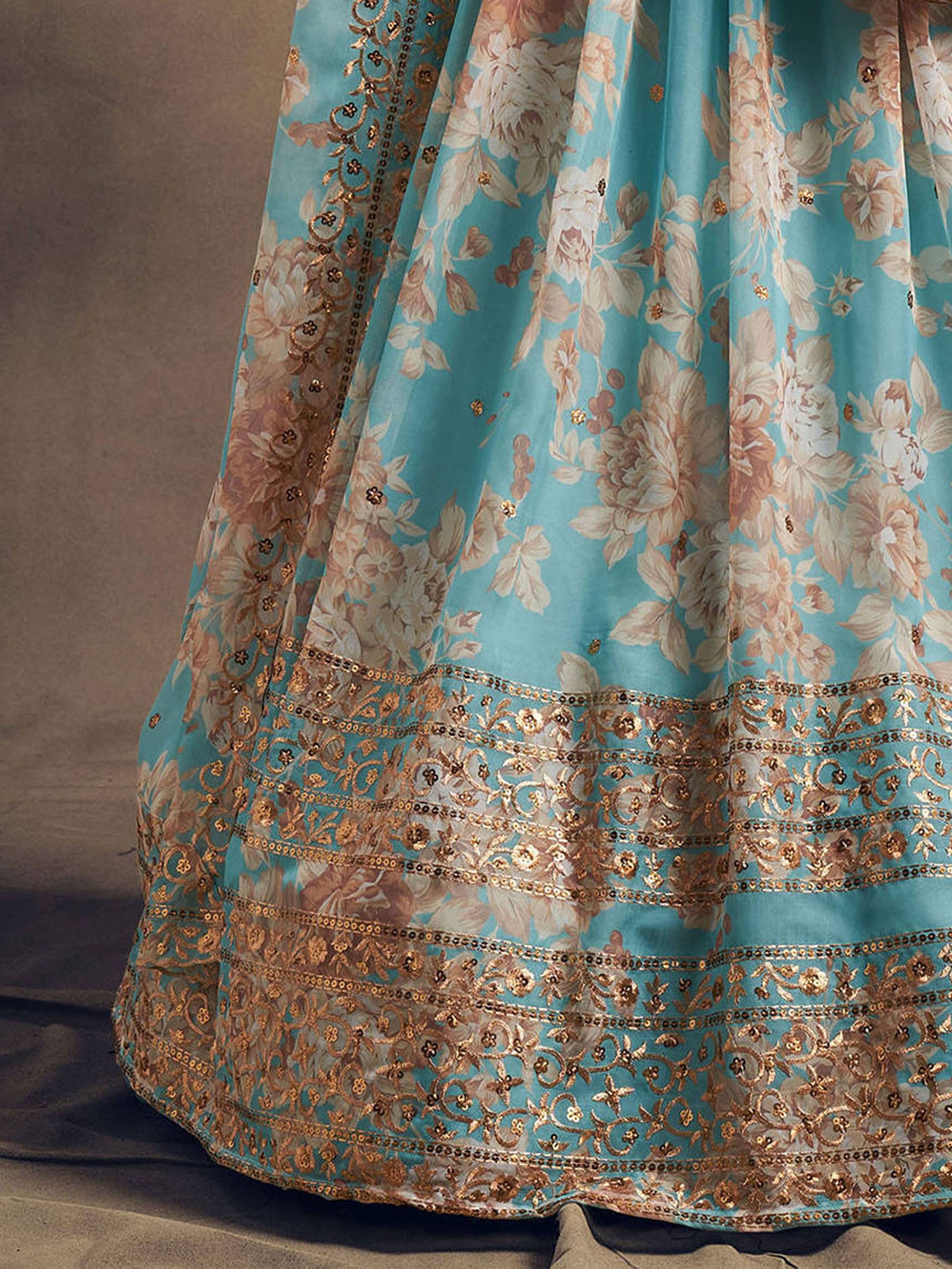Sky Blue Floral Printed Organza Festival Lehenga Choli