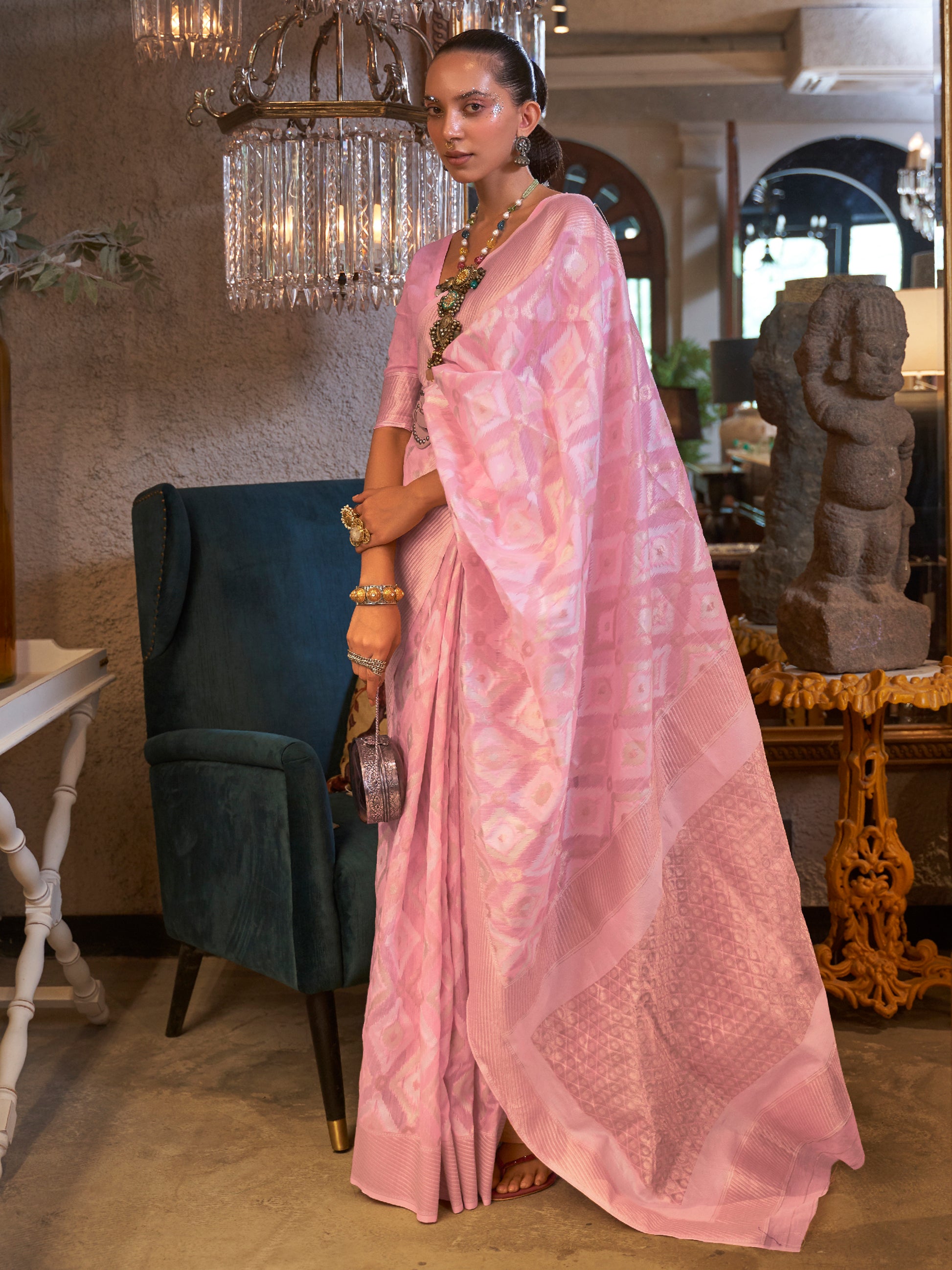 Enchanting Baby Pink Zari Weaving Linen Event Wear Saree With Blouse