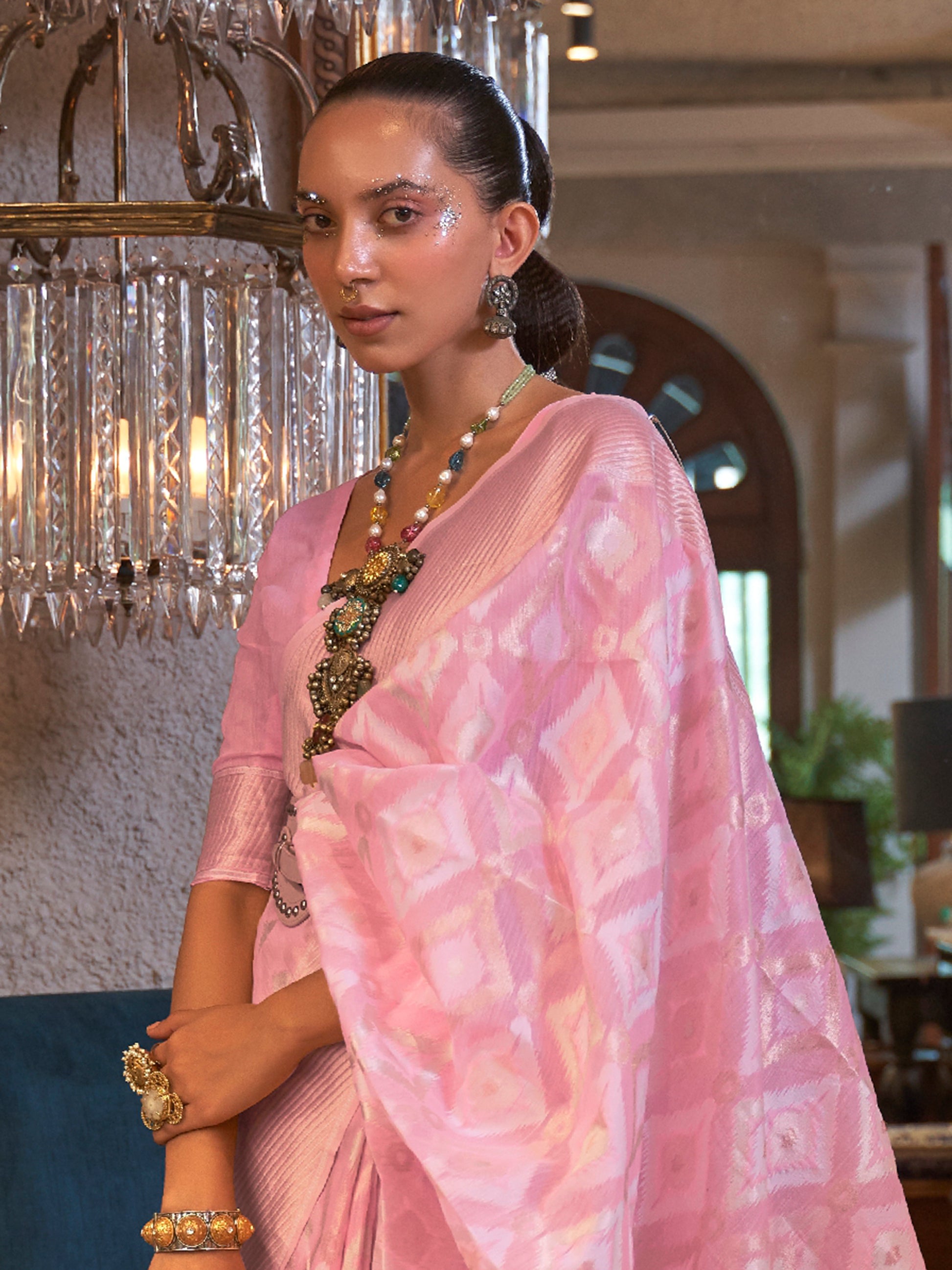 Enchanting Baby Pink Zari Weaving Linen Event Wear Saree With Blouse