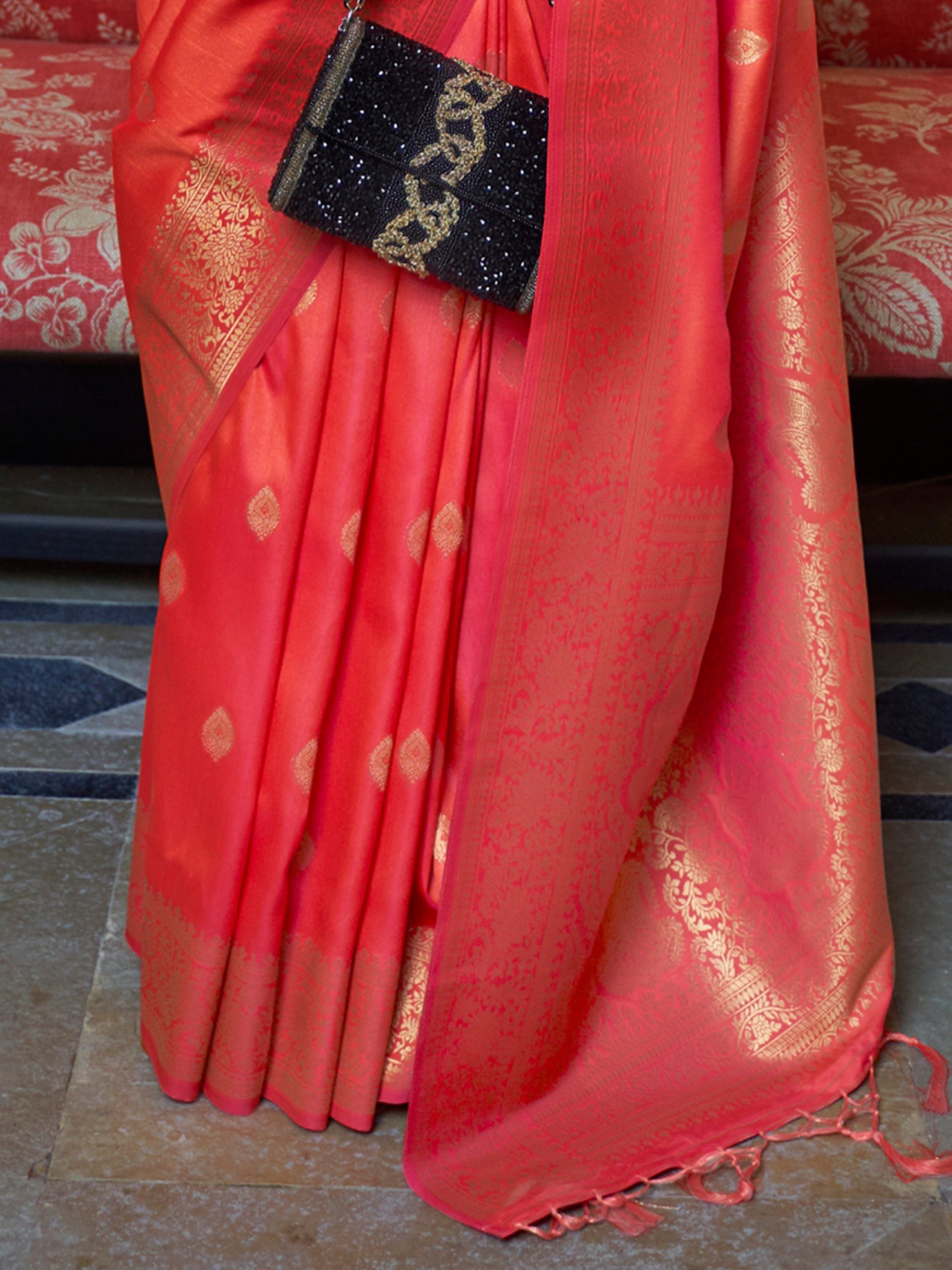 Charming Orange Zari Weaving Silk Event Wear Saree With Blouse