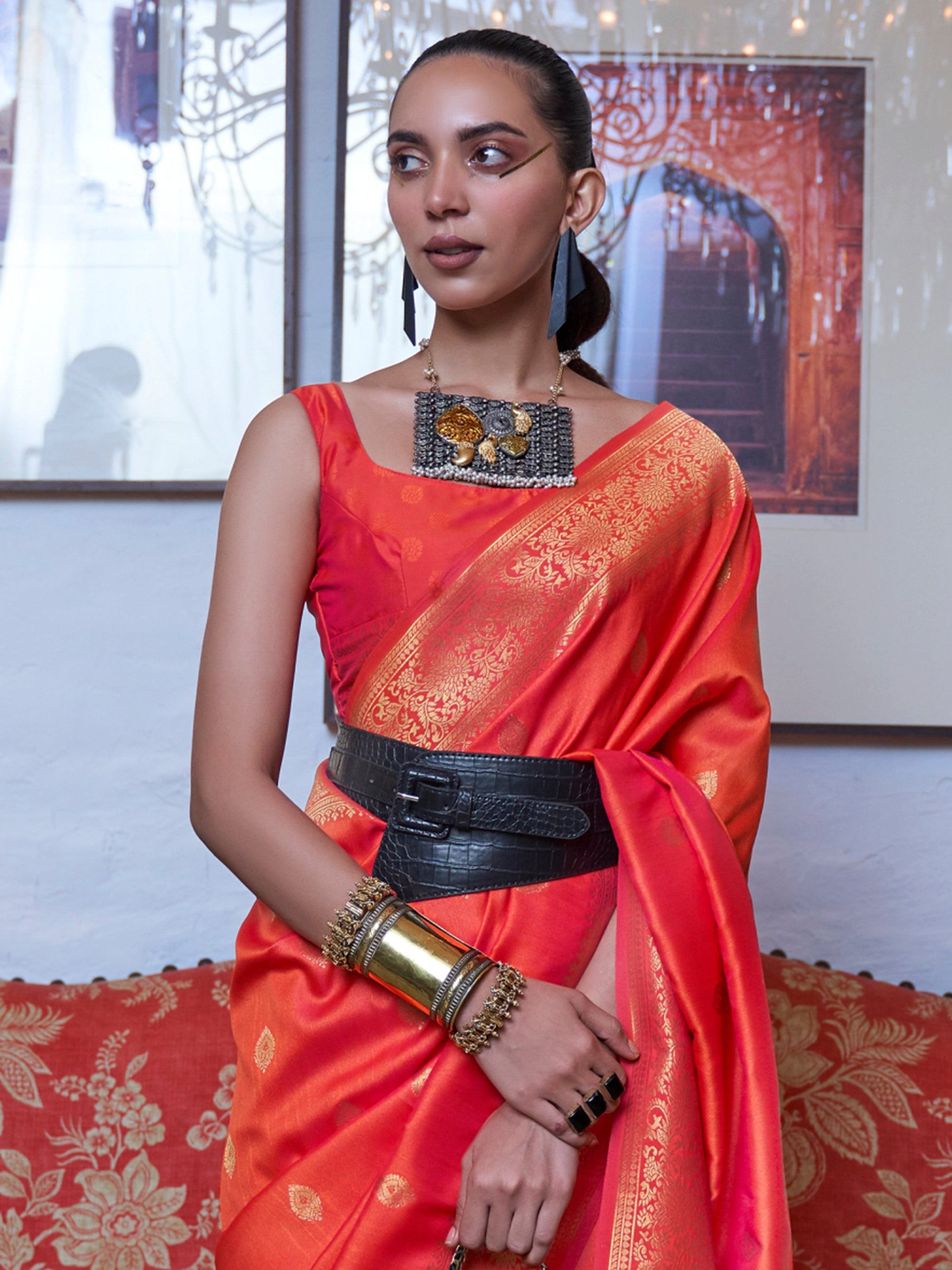 Charming Orange Zari Weaving Silk Event Wear Saree With Blouse