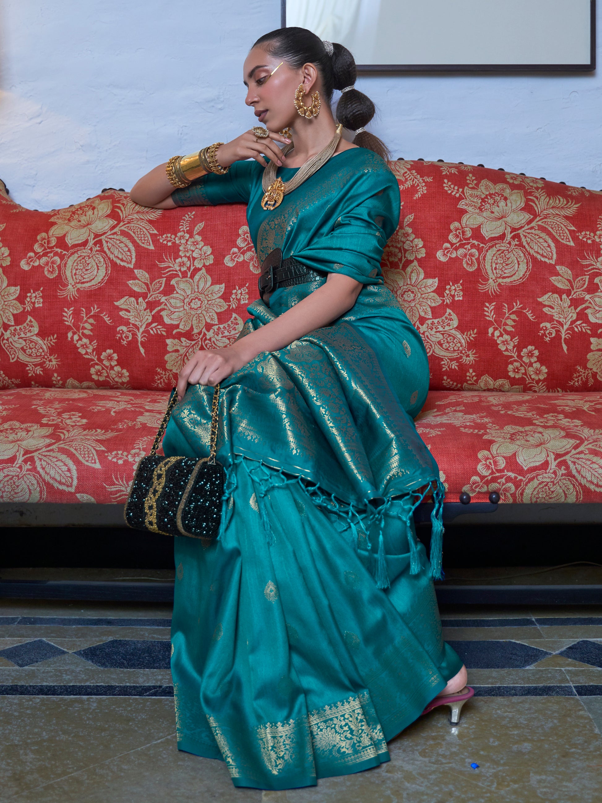 Precious Teal Blue Zari Weaving Silk Traditional Saree With Blouse