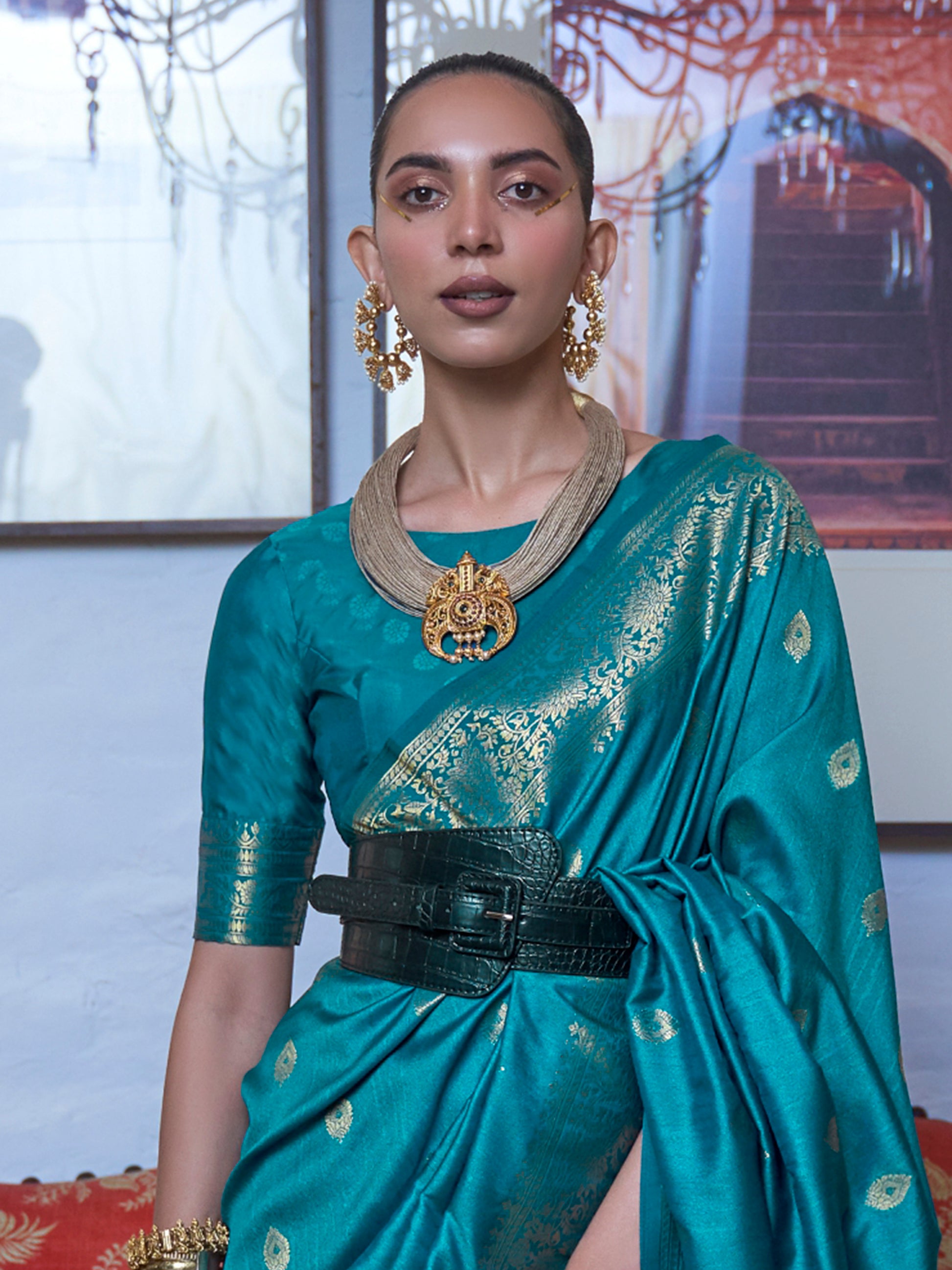 Precious Teal Blue Zari Weaving Silk Traditional Saree With Blouse