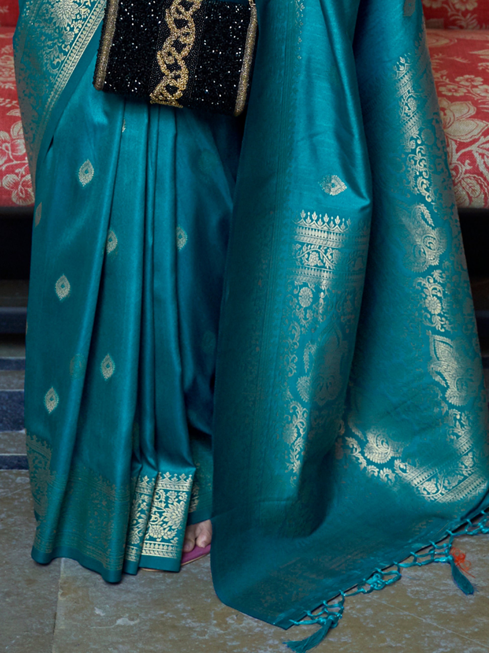 Precious Teal Blue Zari Weaving Silk Traditional Saree With Blouse