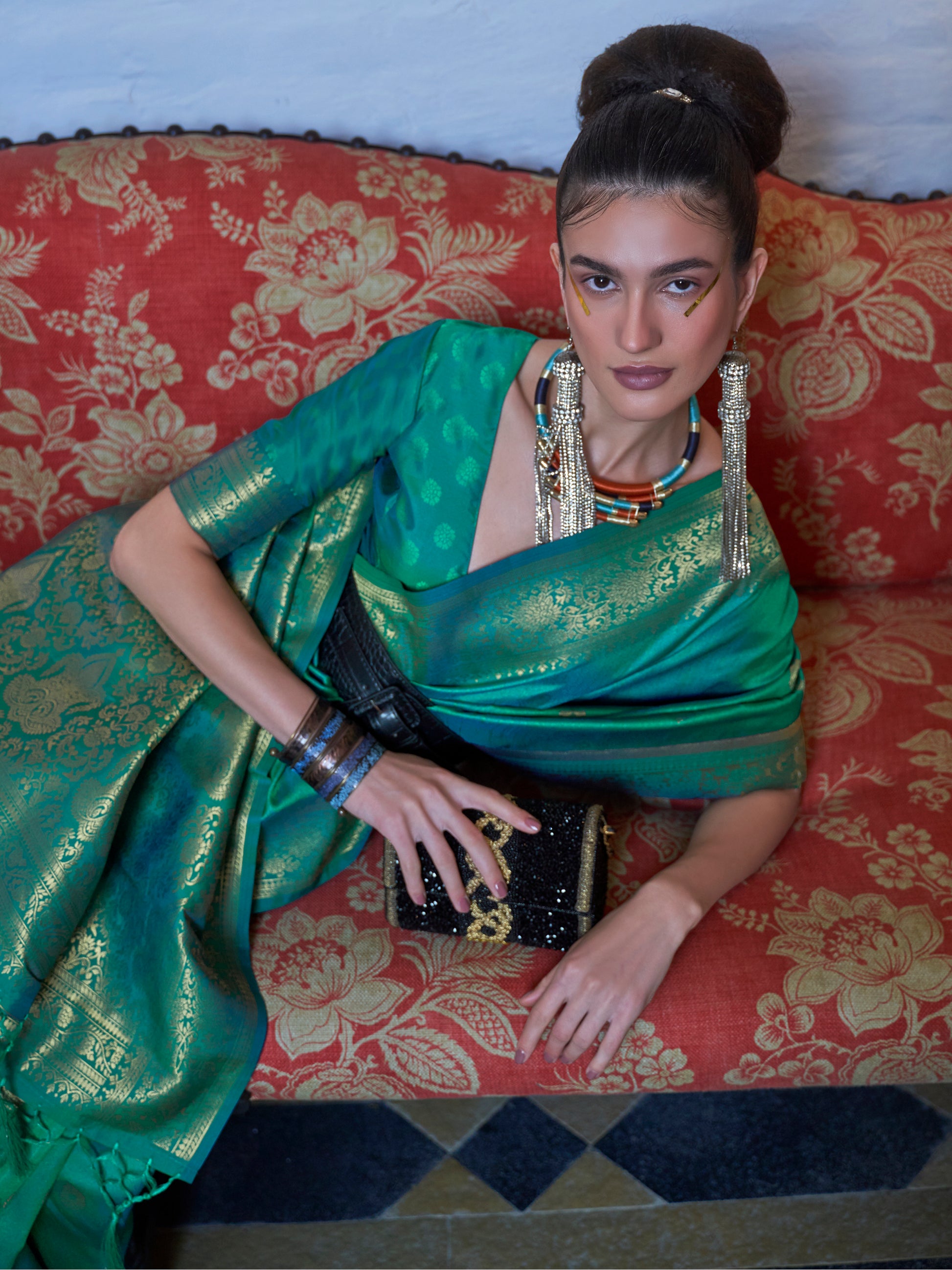 Attractive Teal Green Zari Weaving Silk Festival Wear Saree With Blouse