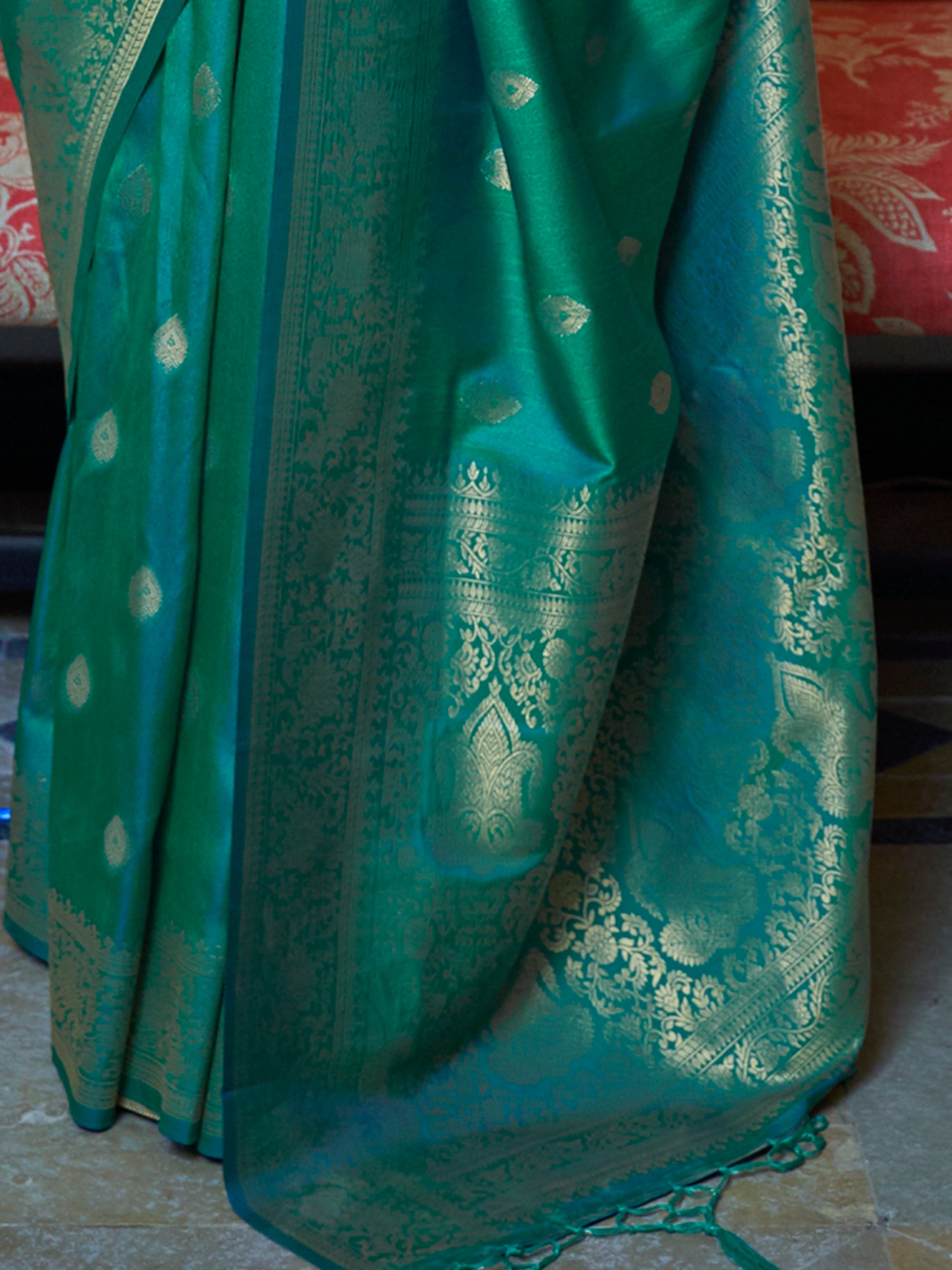 Attractive Teal Green Zari Weaving Silk Festival Wear Saree With Blouse