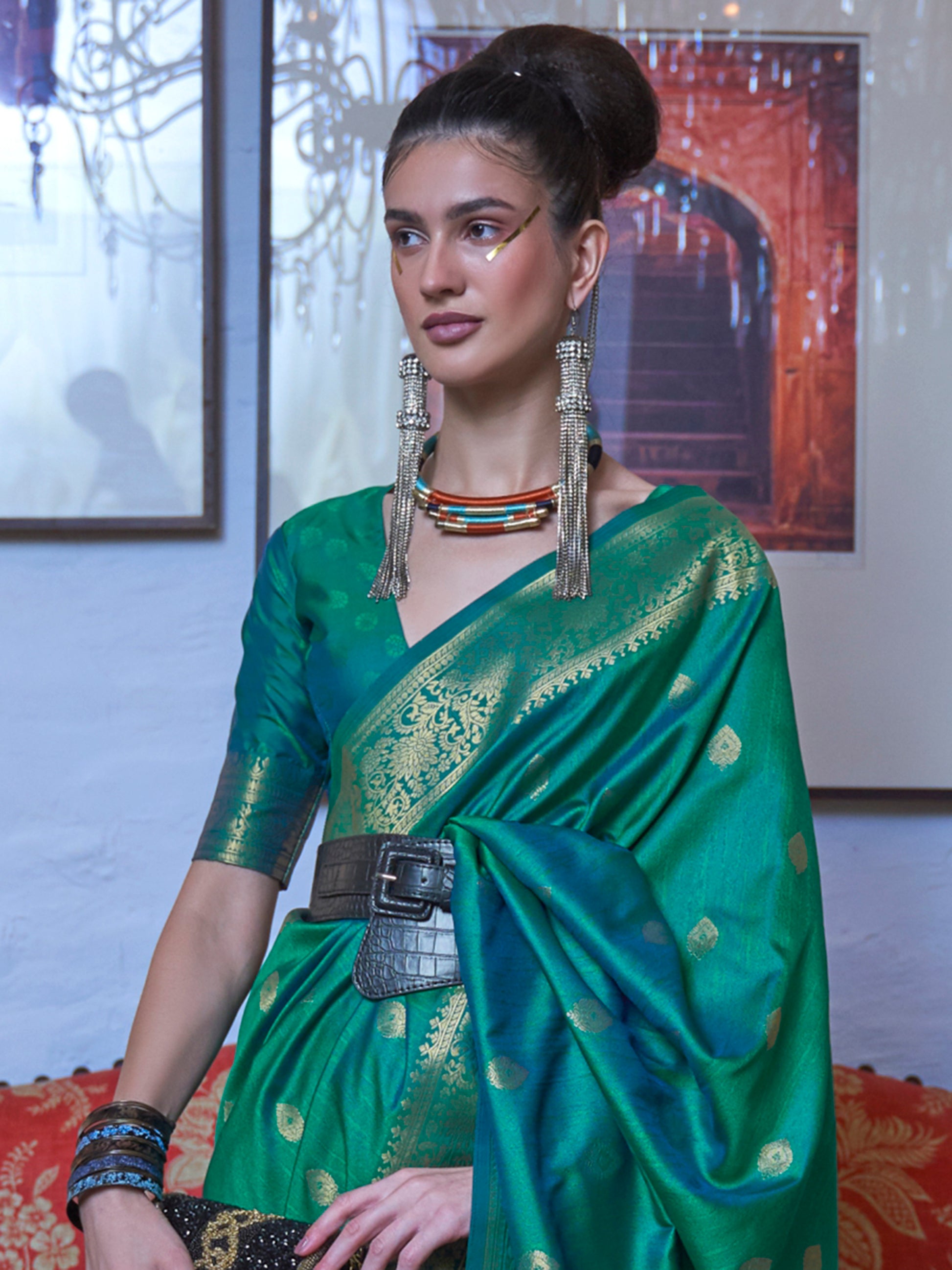 Attractive Teal Green Zari Weaving Silk Festival Wear Saree With Blouse