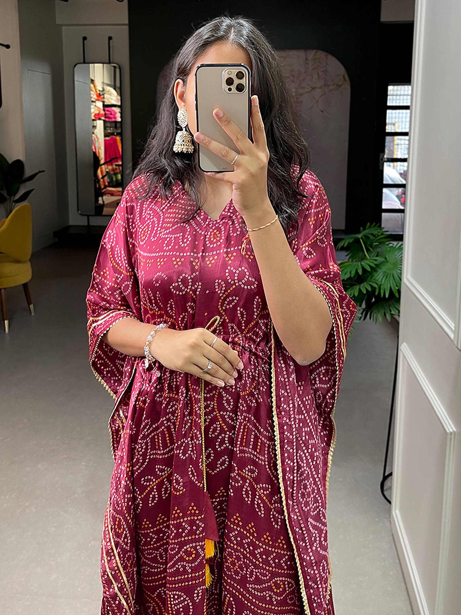 Stunning Maroon Bandhani Print Gaji Silk Event Wear Readymade Kaftan