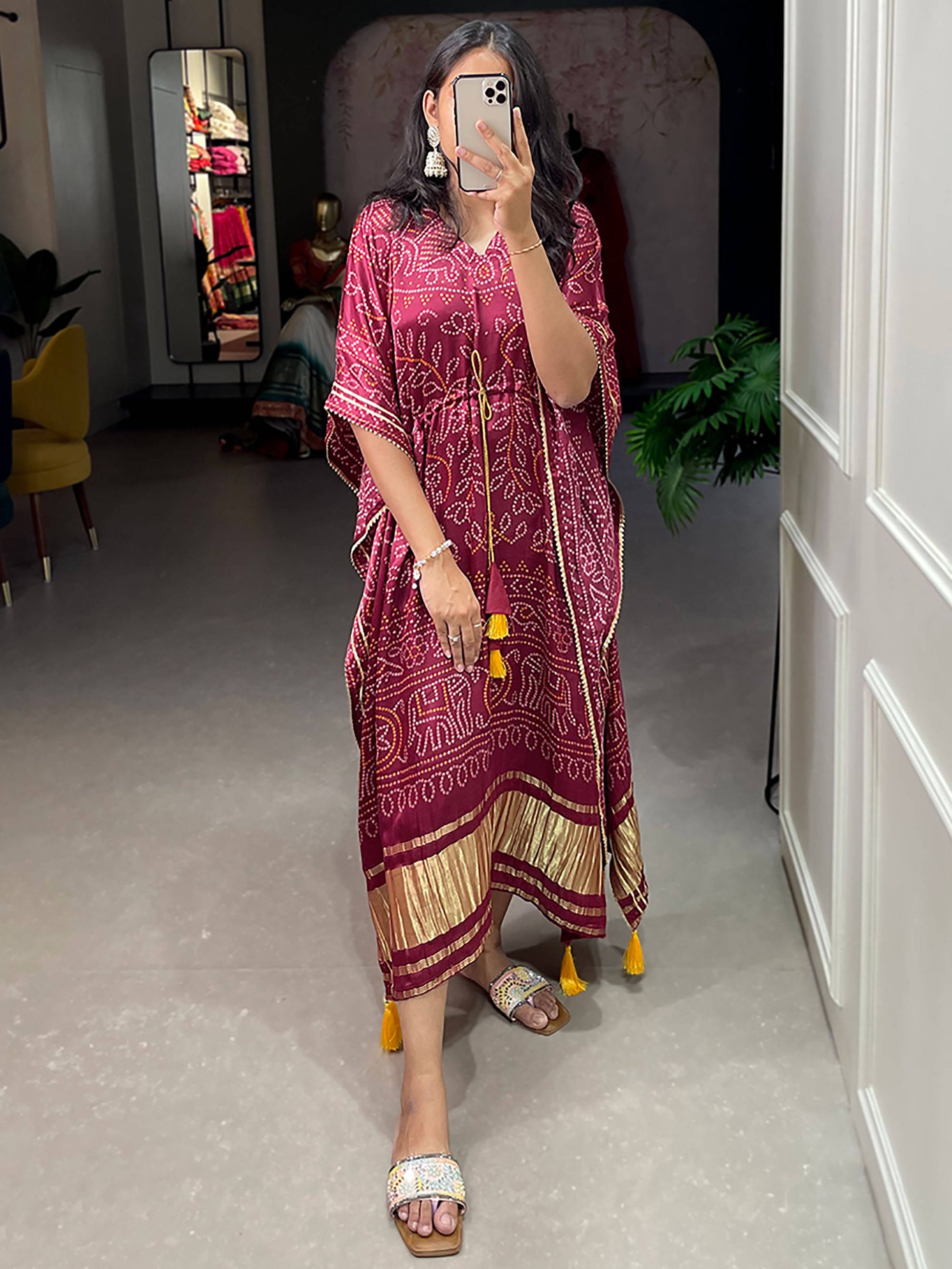 Stunning Maroon Bandhani Print Gaji Silk Event Wear Readymade Kaftan