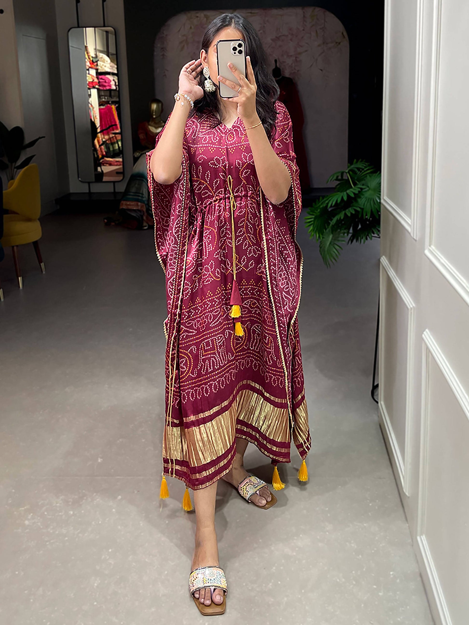 Stunning Maroon Bandhani Print Gaji Silk Event Wear Readymade Kaftan