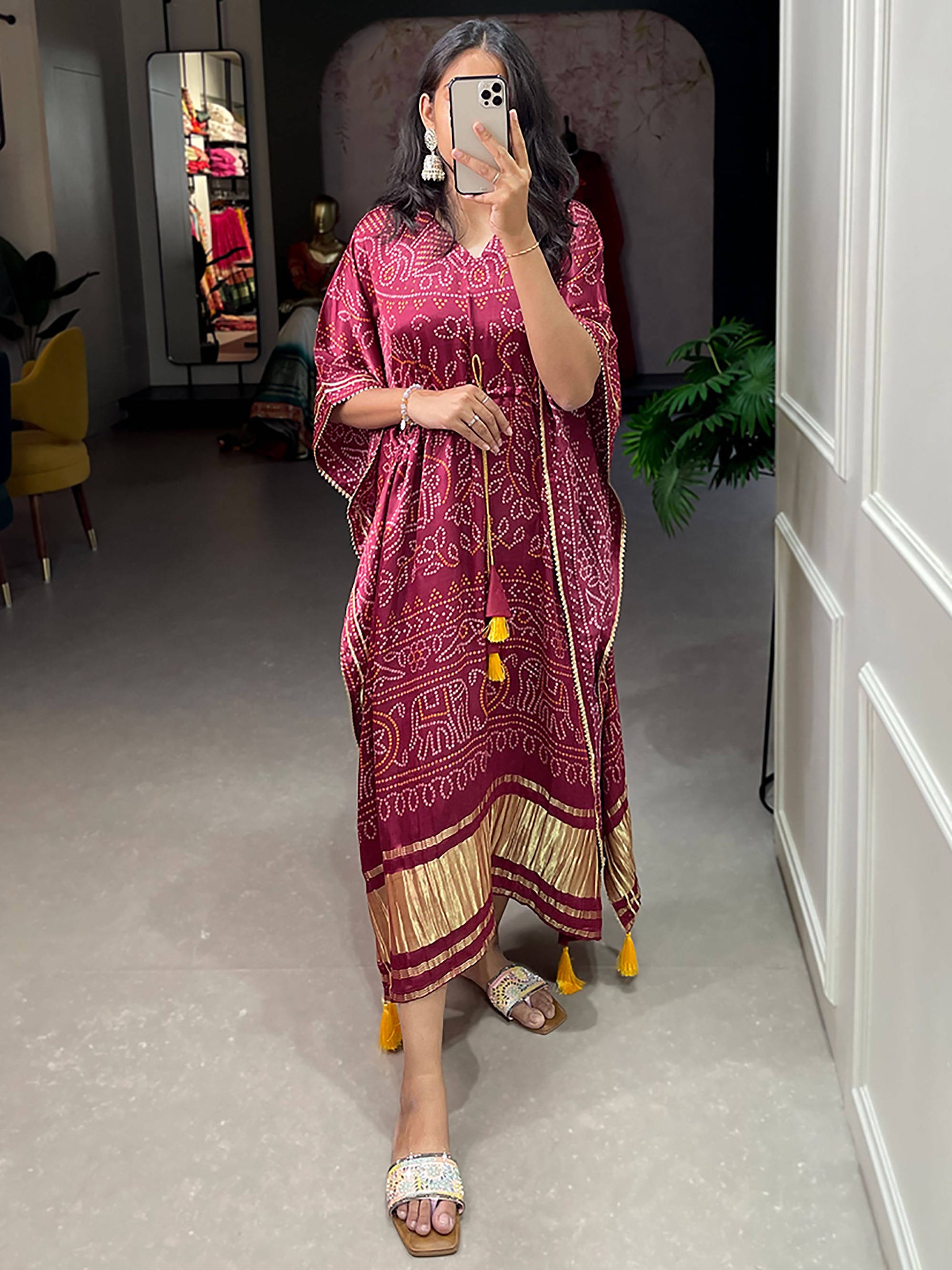 Stunning Maroon Bandhani Print Gaji Silk Event Wear Readymade Kaftan
