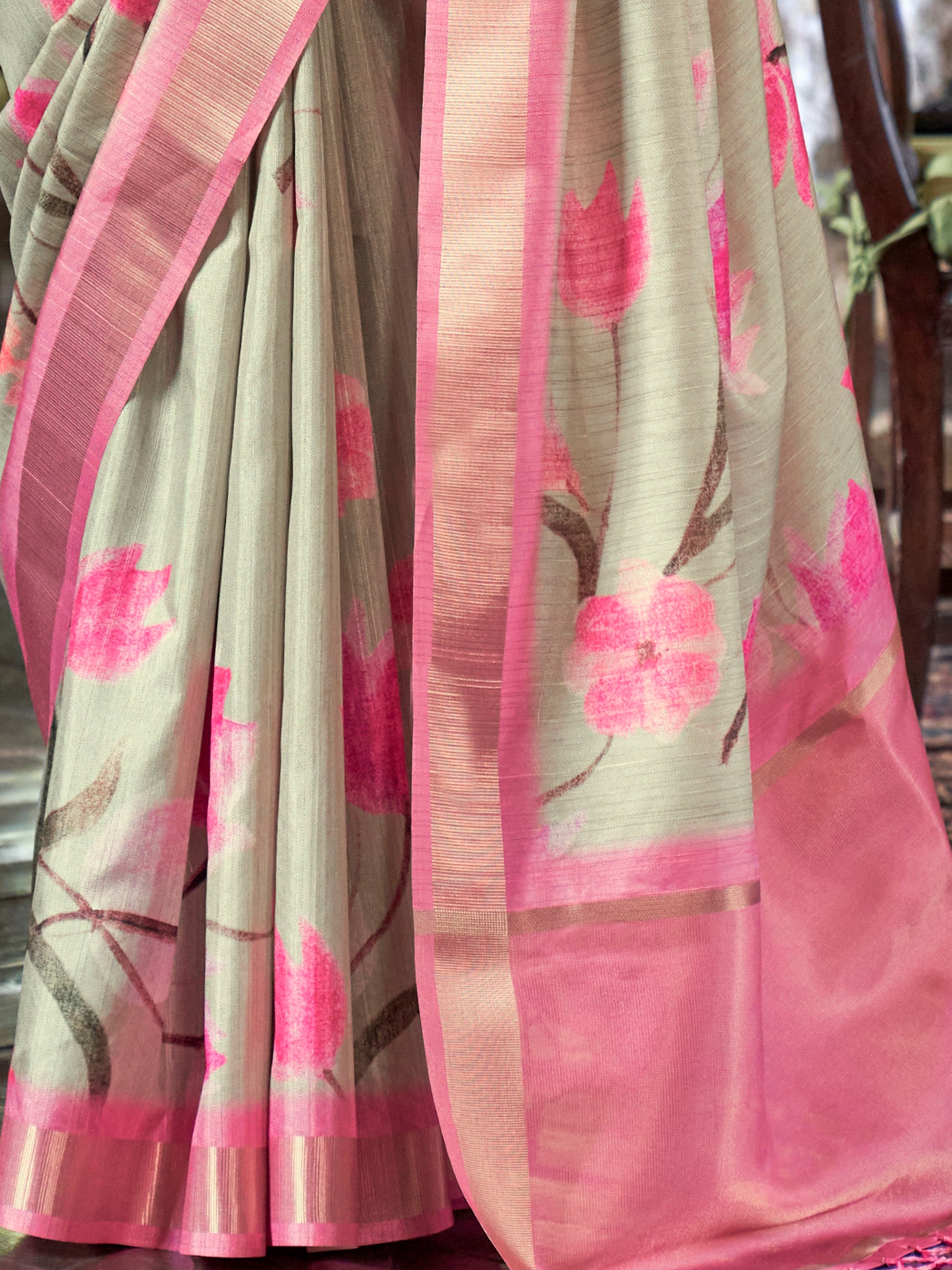 Wonderful Cream Printed Banarasi Silk Traditional Saree With Blouse