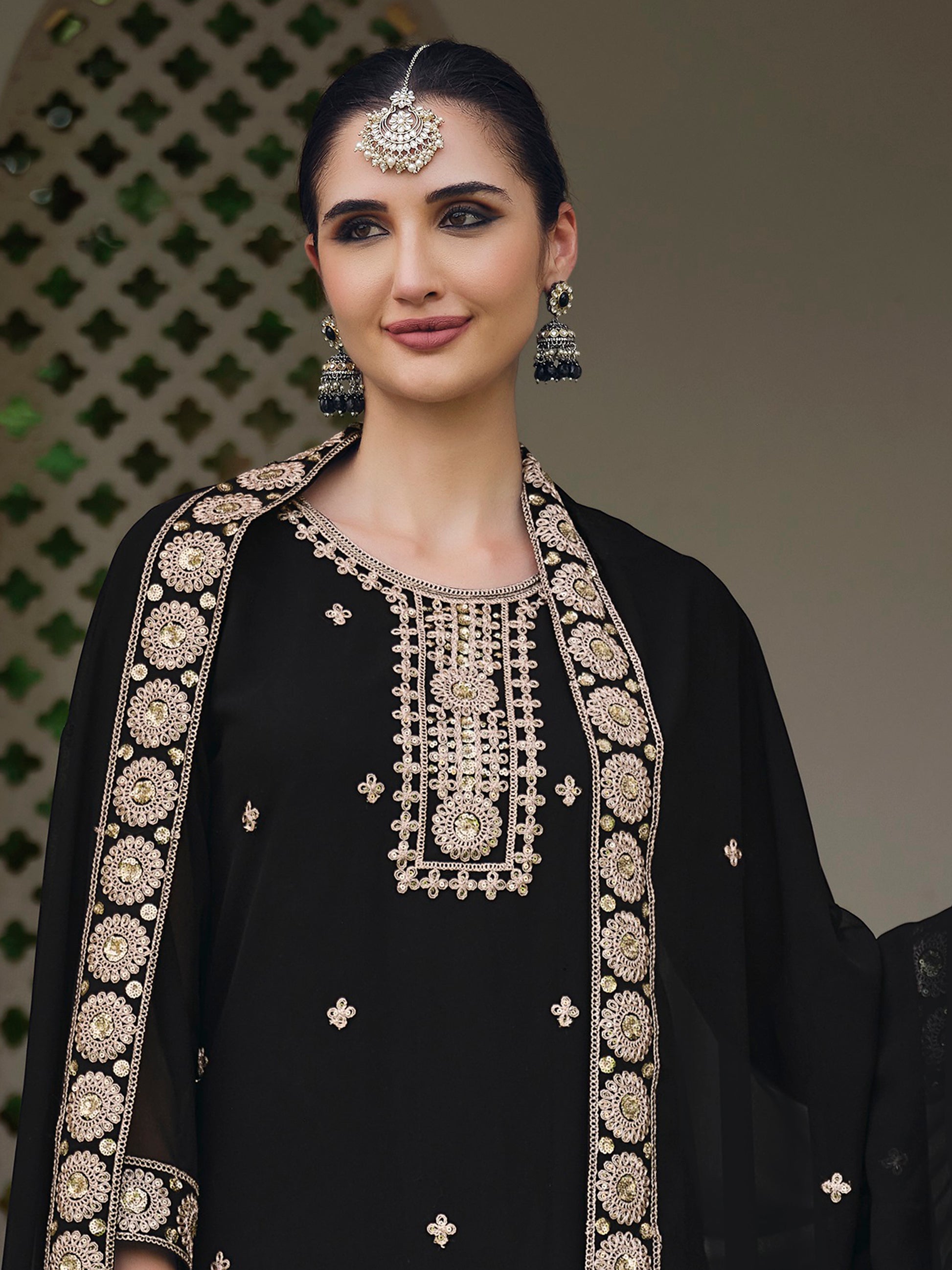 Alluring Black Embroidered Georgette Palazzo Suit With Dupatta