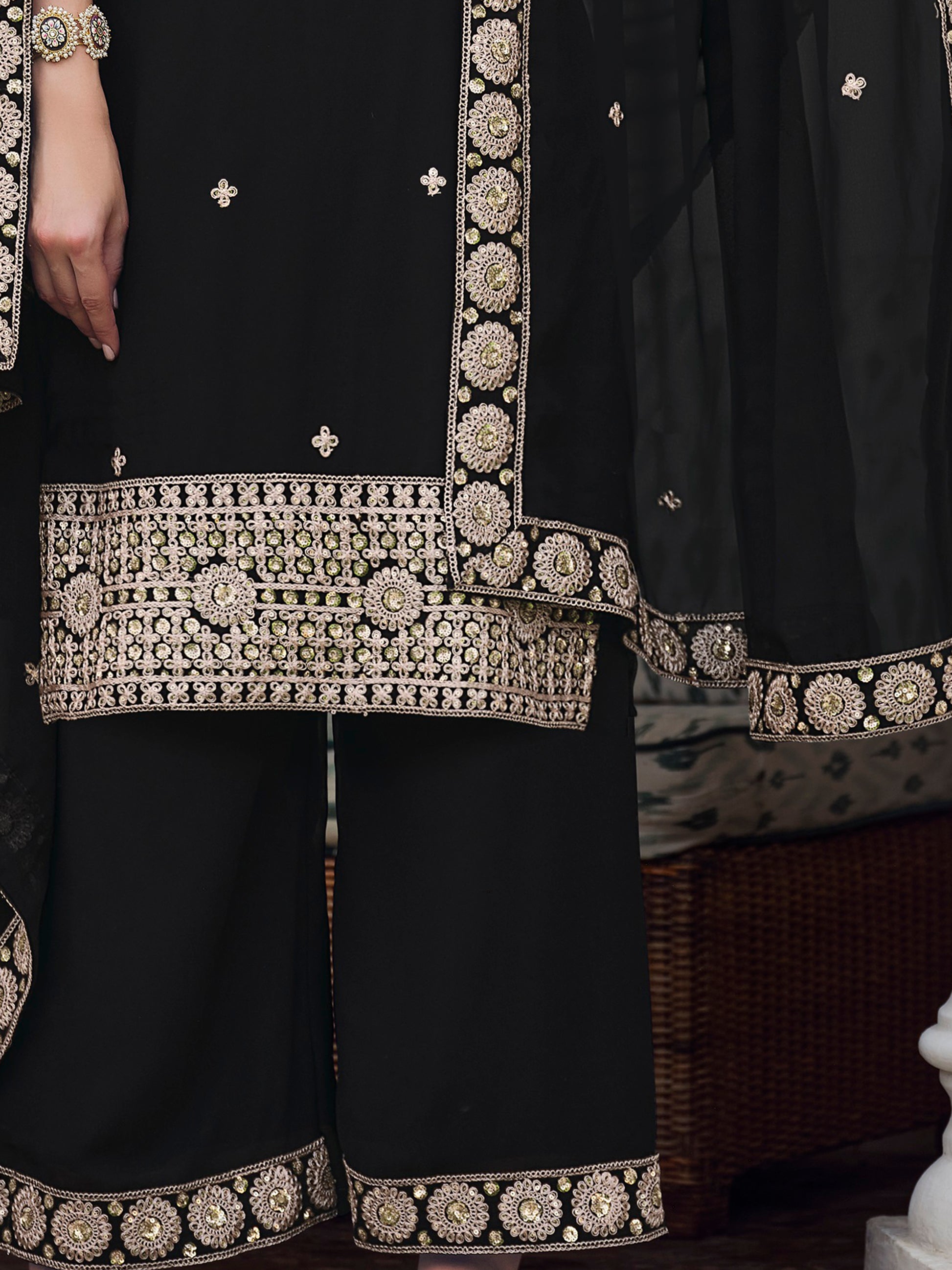 Alluring Black Embroidered Georgette Palazzo Suit With Dupatta
