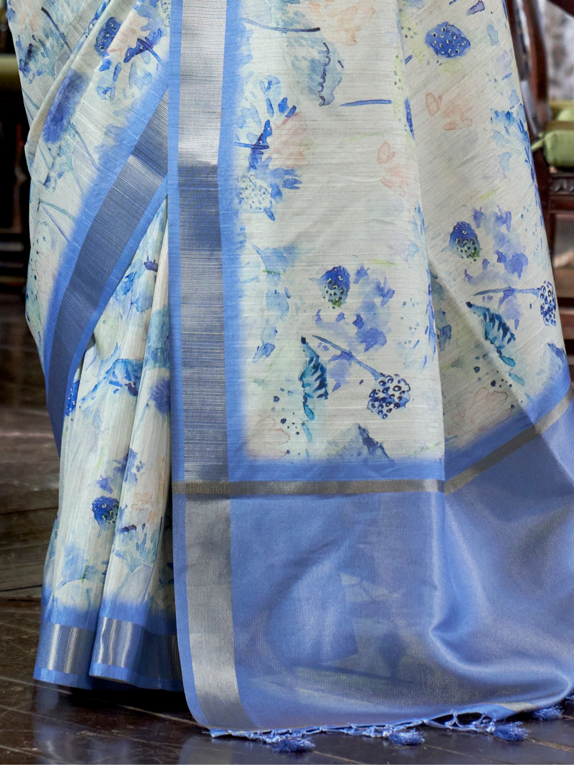 Marvelous Blue & Off-White Printed Banarasi Silk Saree With Blouse