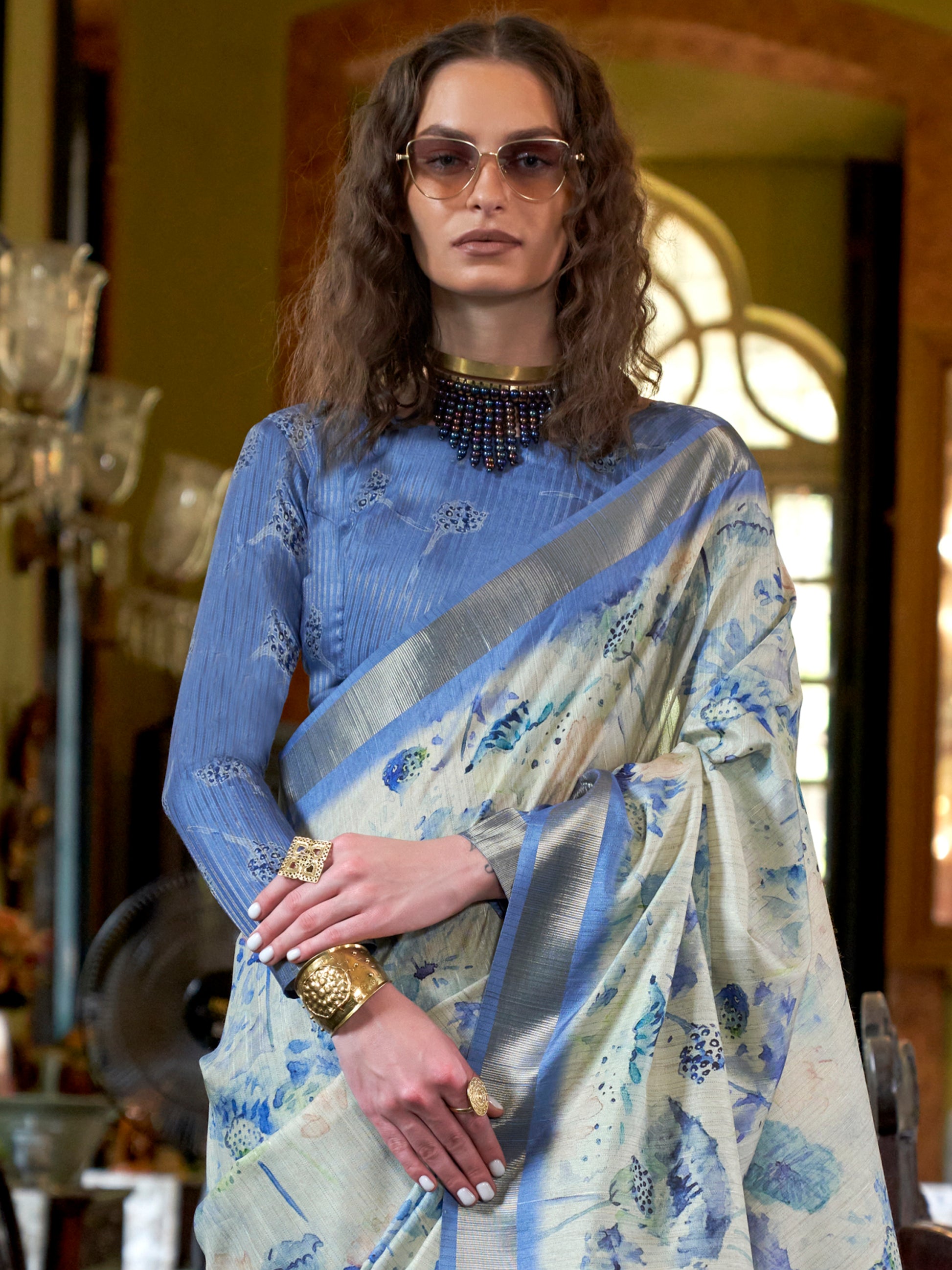 Marvelous Blue & Off-White Printed Banarasi Silk Saree With Blouse
