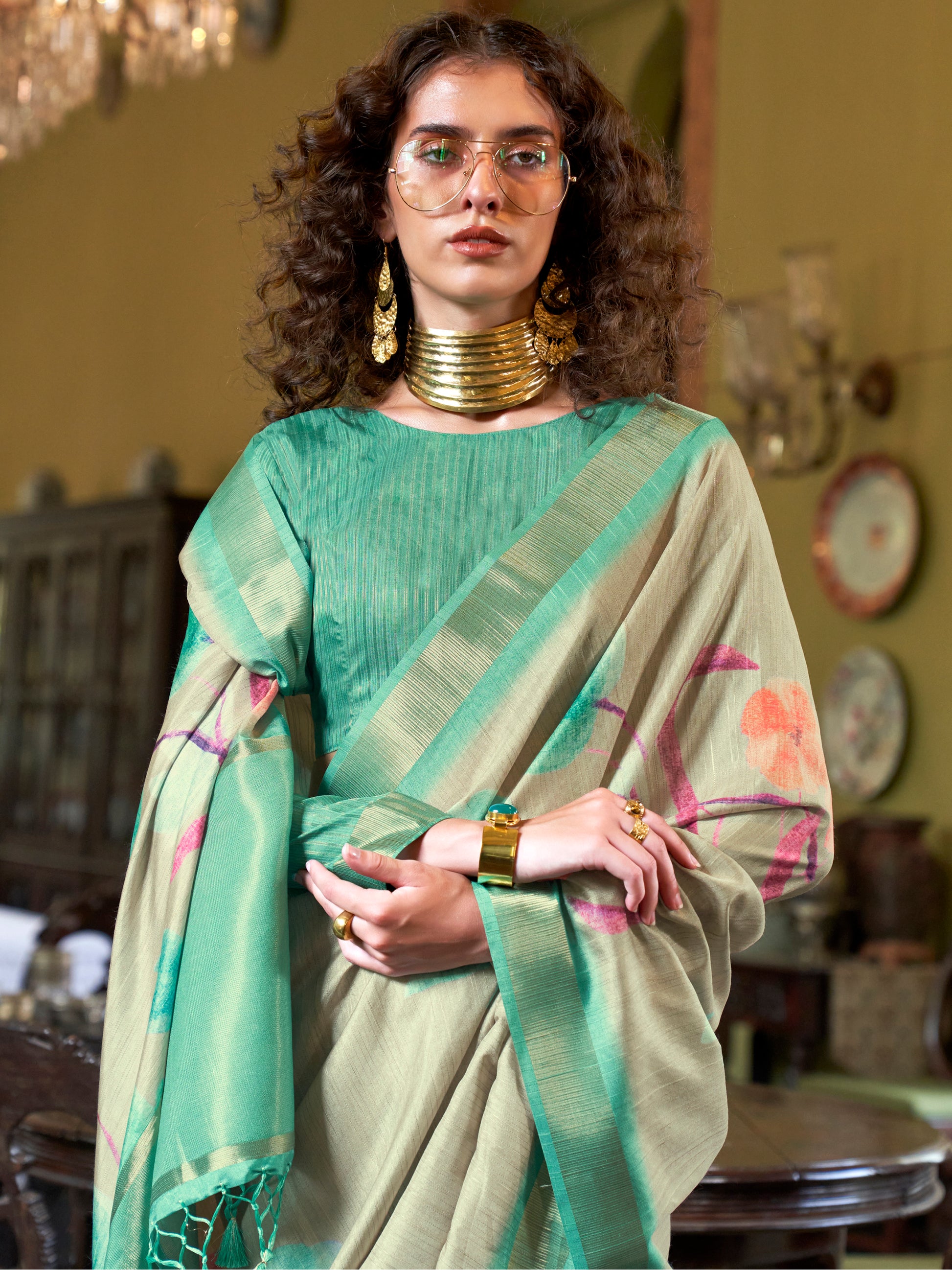 Awesome Teal Green Printed Banarasi Silk Festival Wear Saree