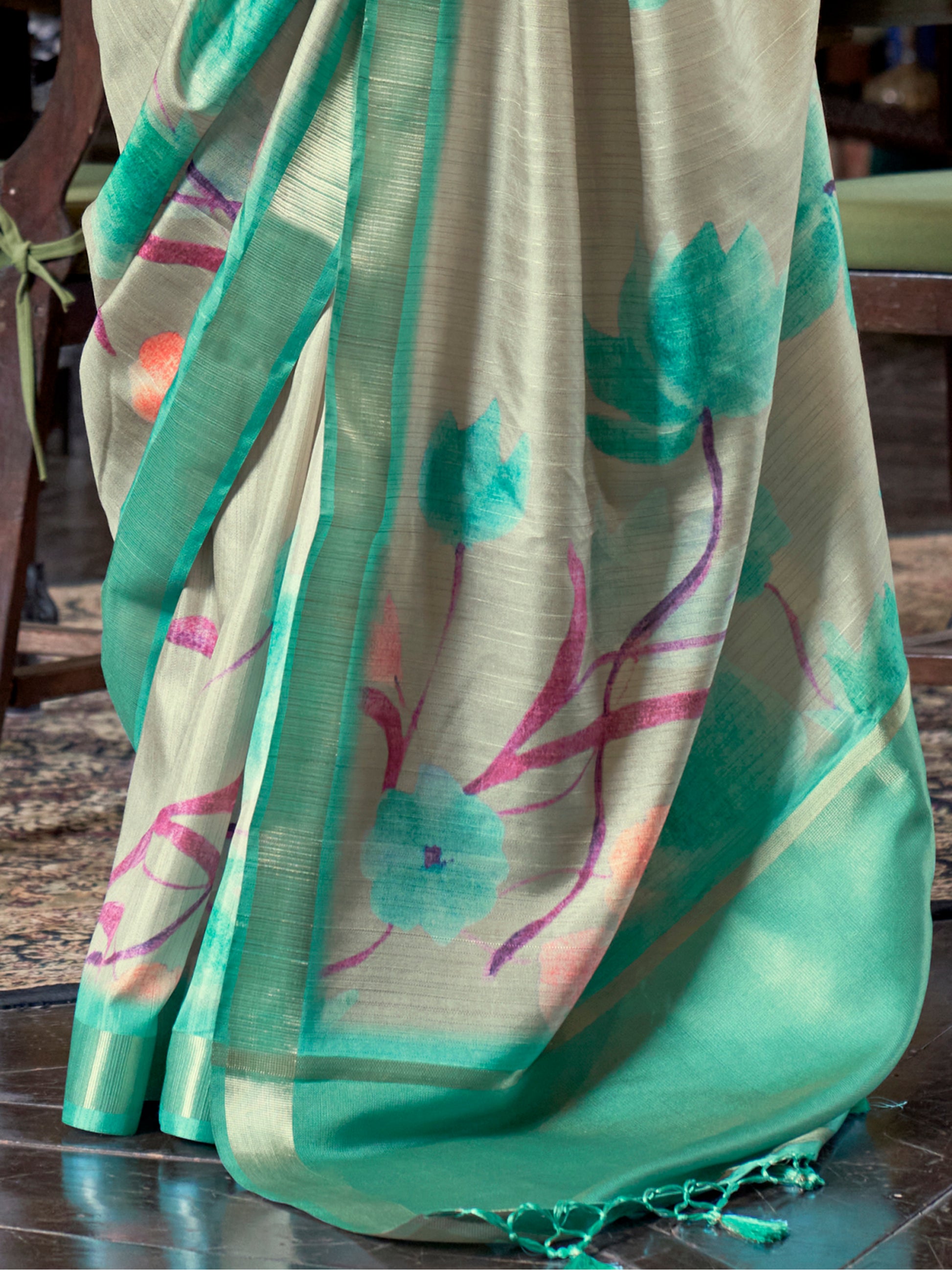 Awesome Teal Green Printed Banarasi Silk Festival Wear Saree