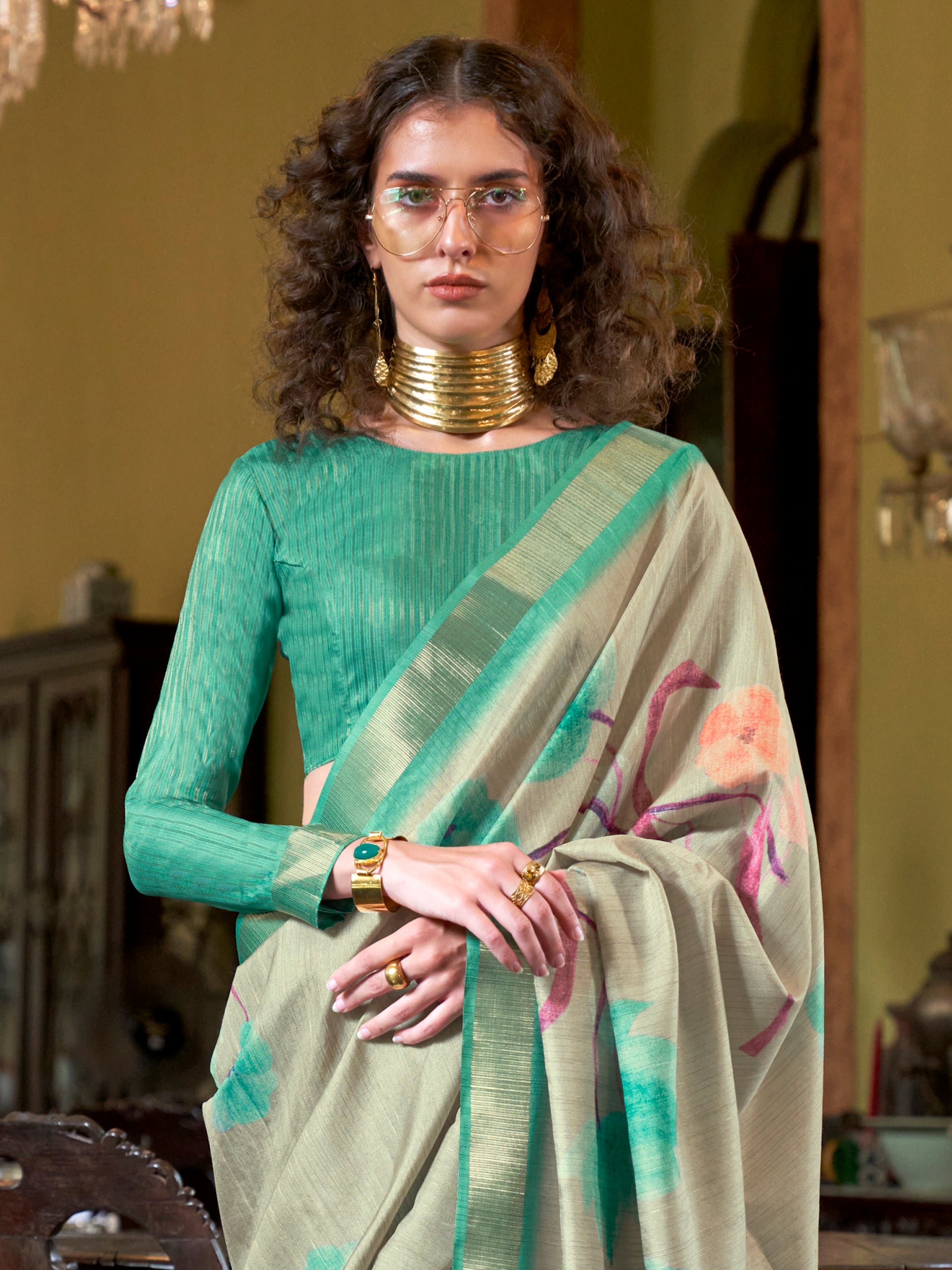 Awesome Teal Green Printed Banarasi Silk Festival Wear Saree