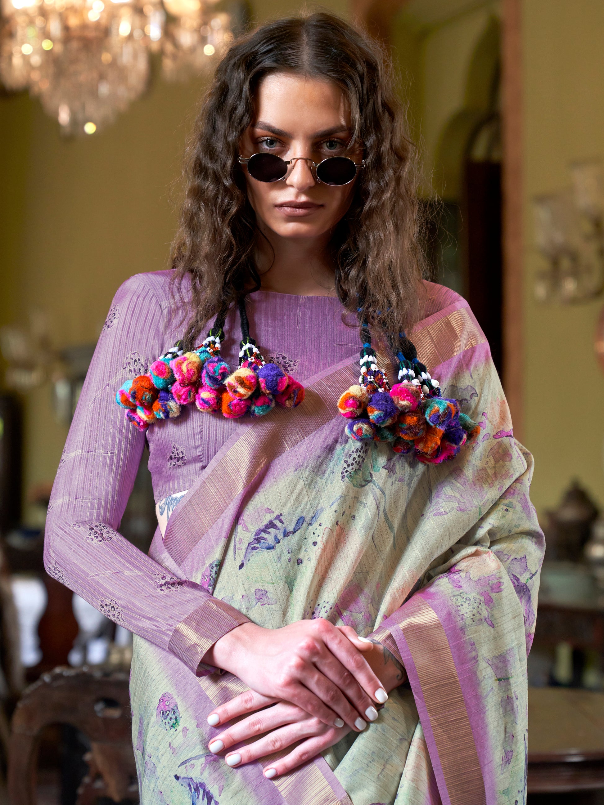 Marvelous Purple & Off-White Printed Banarasi Silk Event Wear Saree