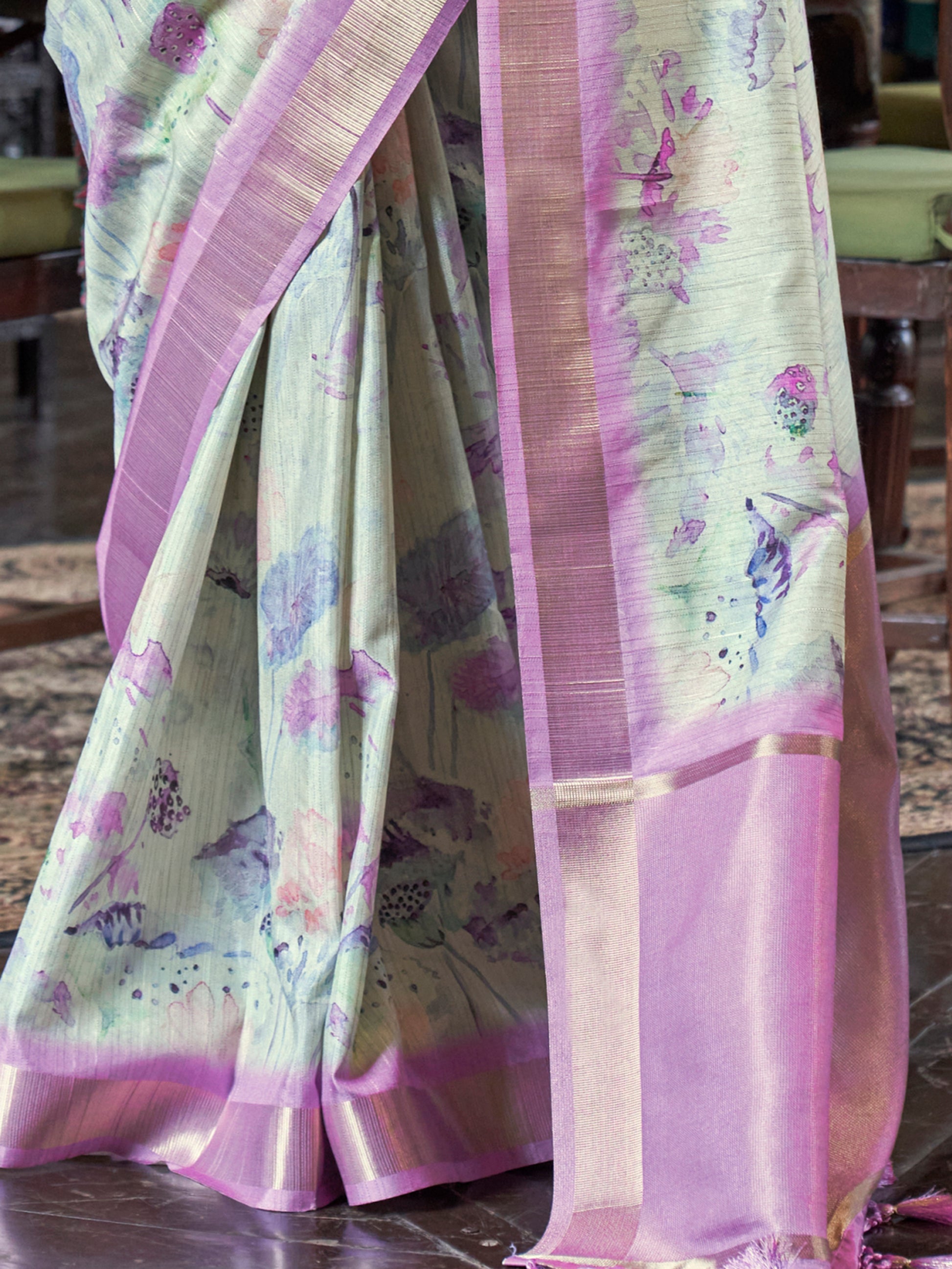 Marvelous Purple & Off-White Printed Banarasi Silk Event Wear Saree