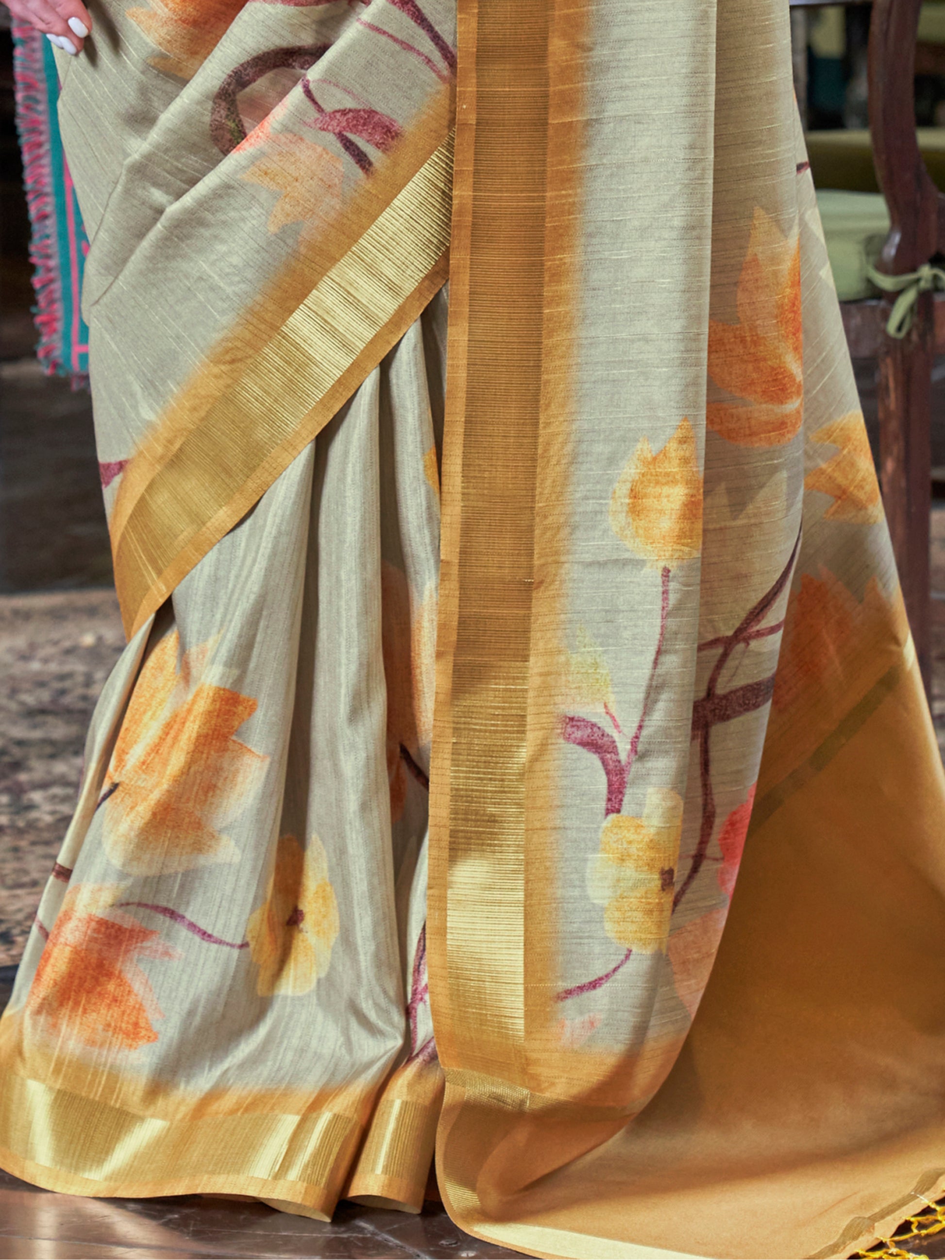 Amazing Yellow & Grey Printed Banarasi Silk Saree With Blouse