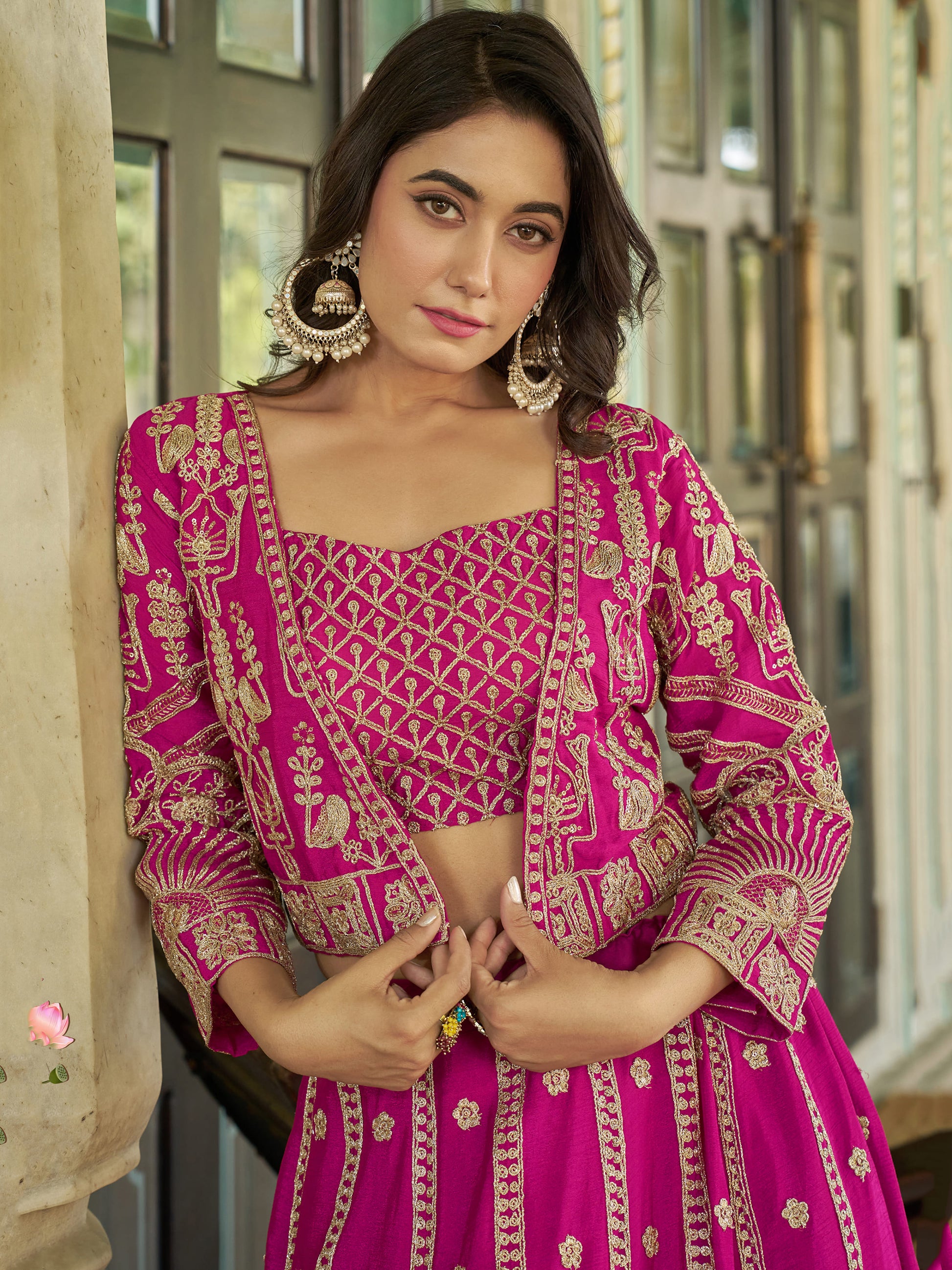 Amazing Pink Embroidery Wedding Wear Chinnon Lehenga Choli With Koti