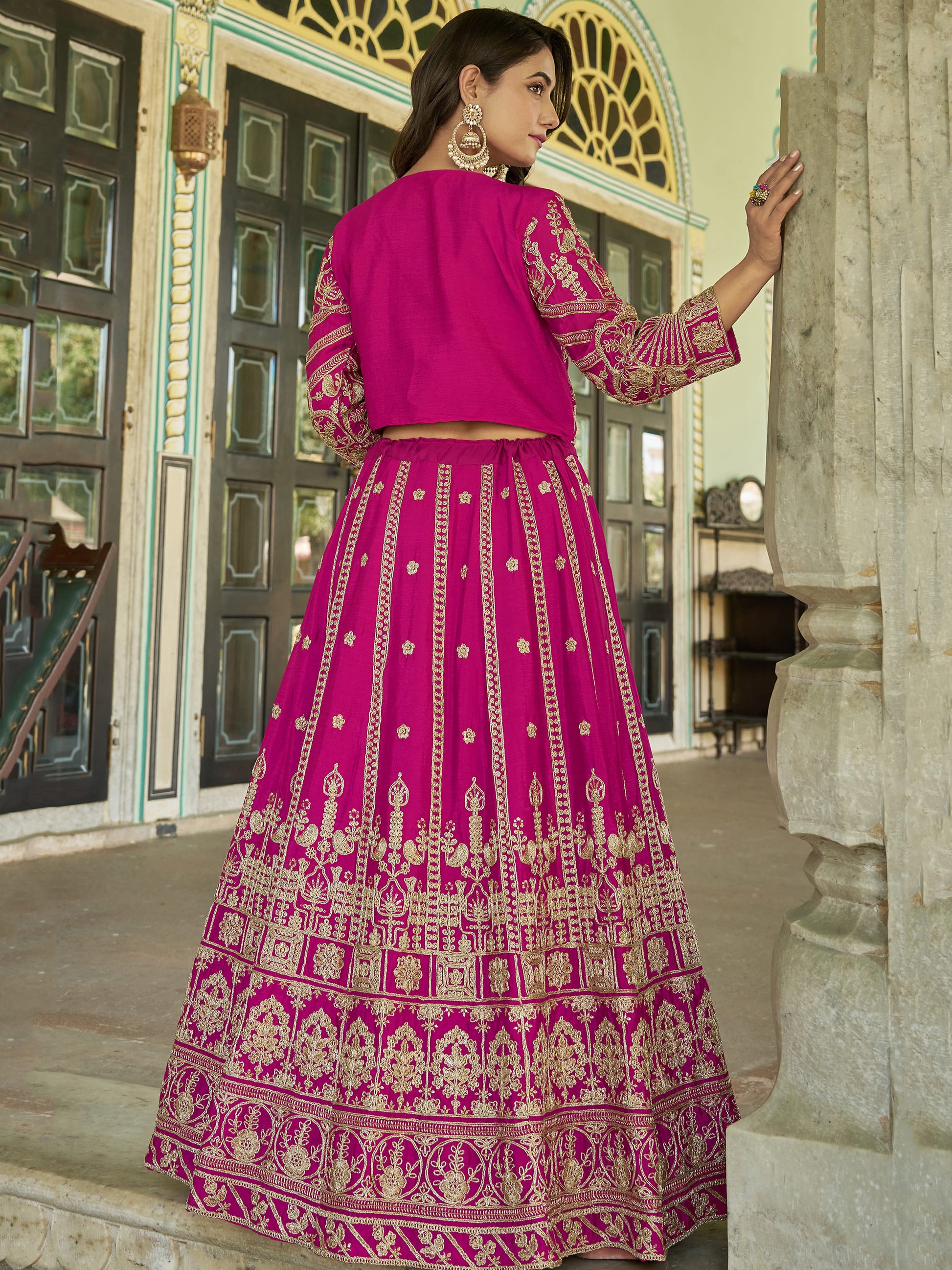 Amazing Pink Embroidery Wedding Wear Chinnon Lehenga Choli With Koti