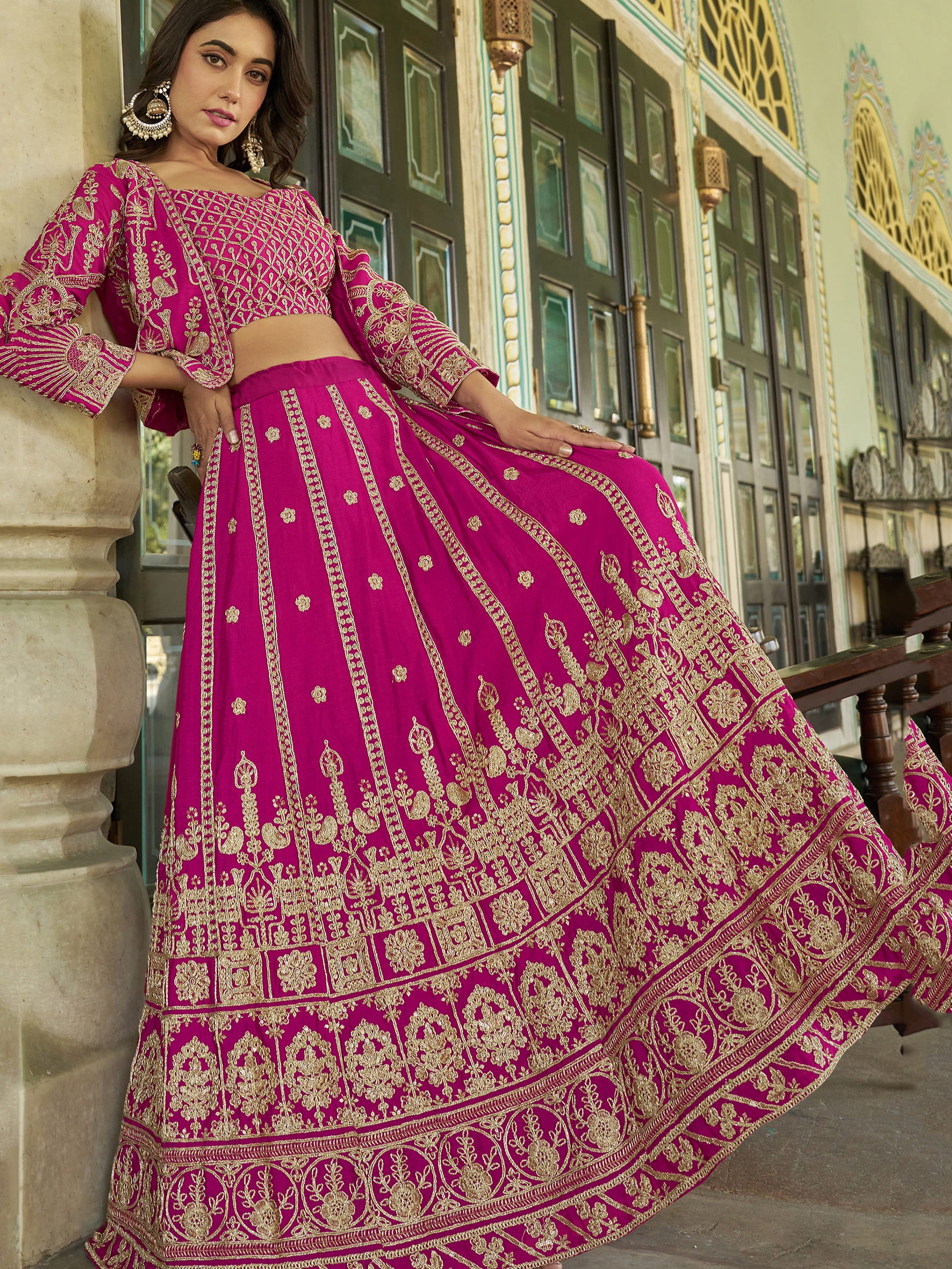 Amazing Pink Embroidery Wedding Wear Chinnon Lehenga Choli With Koti