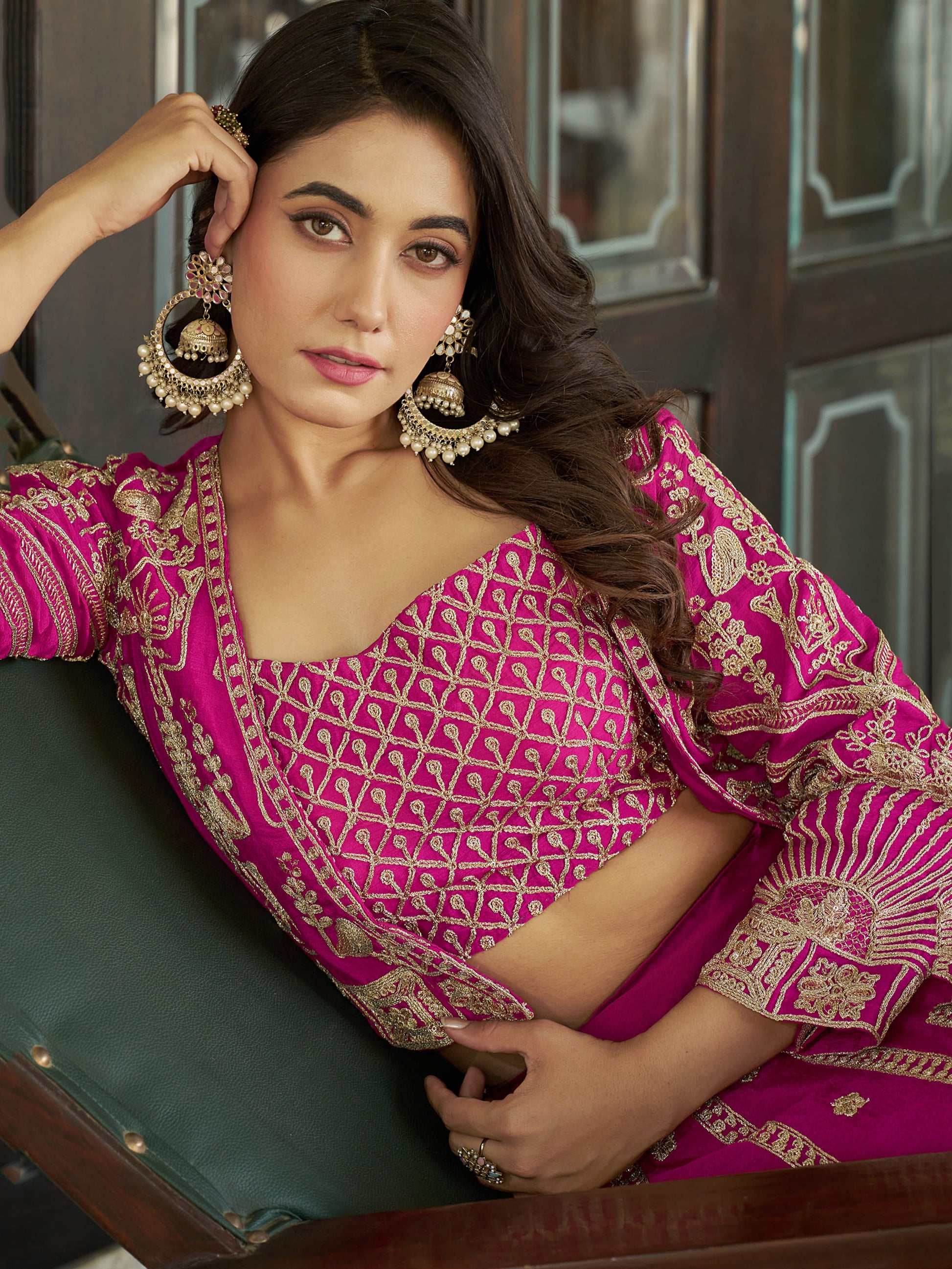 Amazing Pink Embroidery Wedding Wear Chinnon Lehenga Choli With Koti