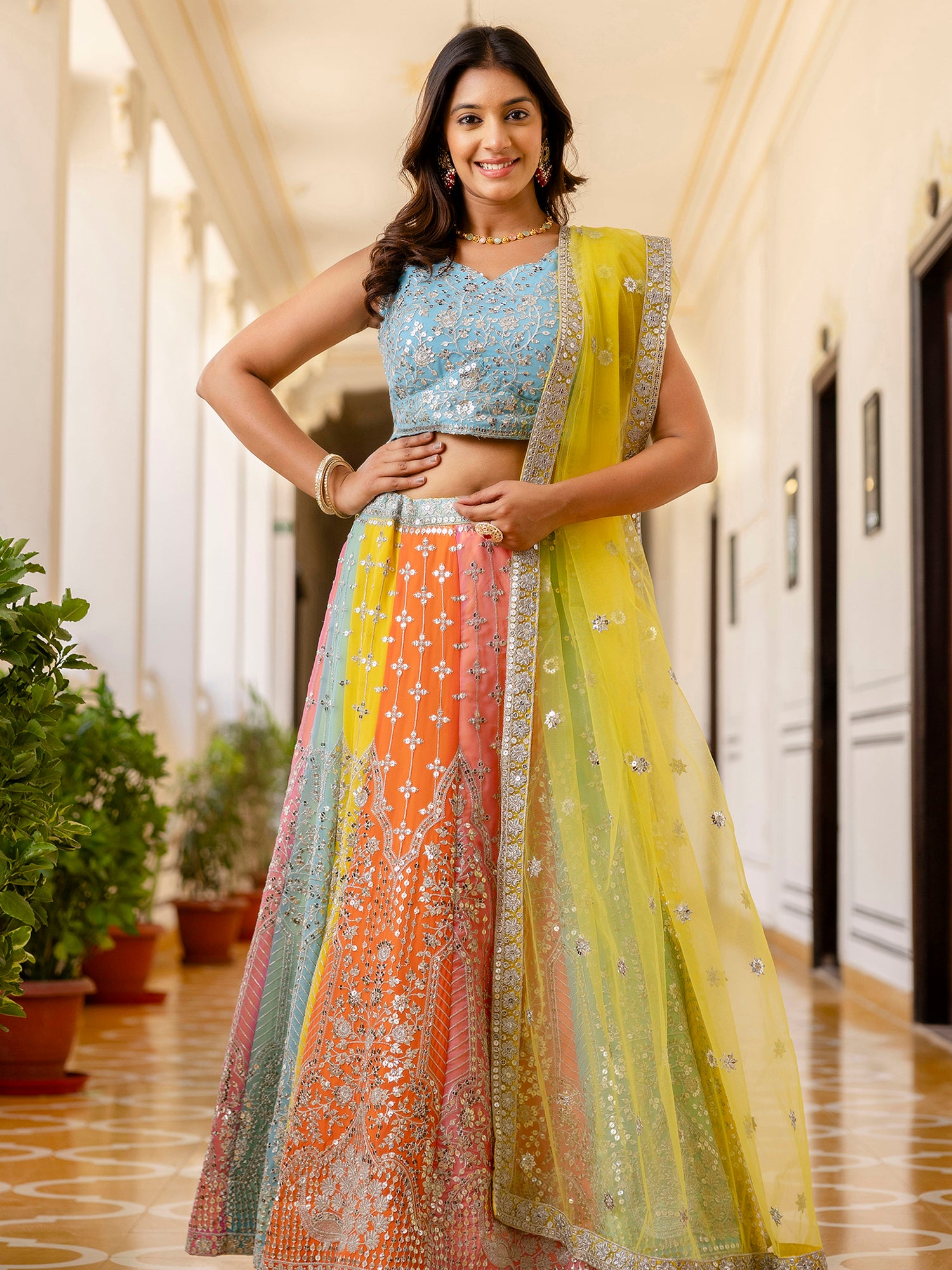 Charming Georgette Multi-Color Party Wear Embroidered Lehenga Choli