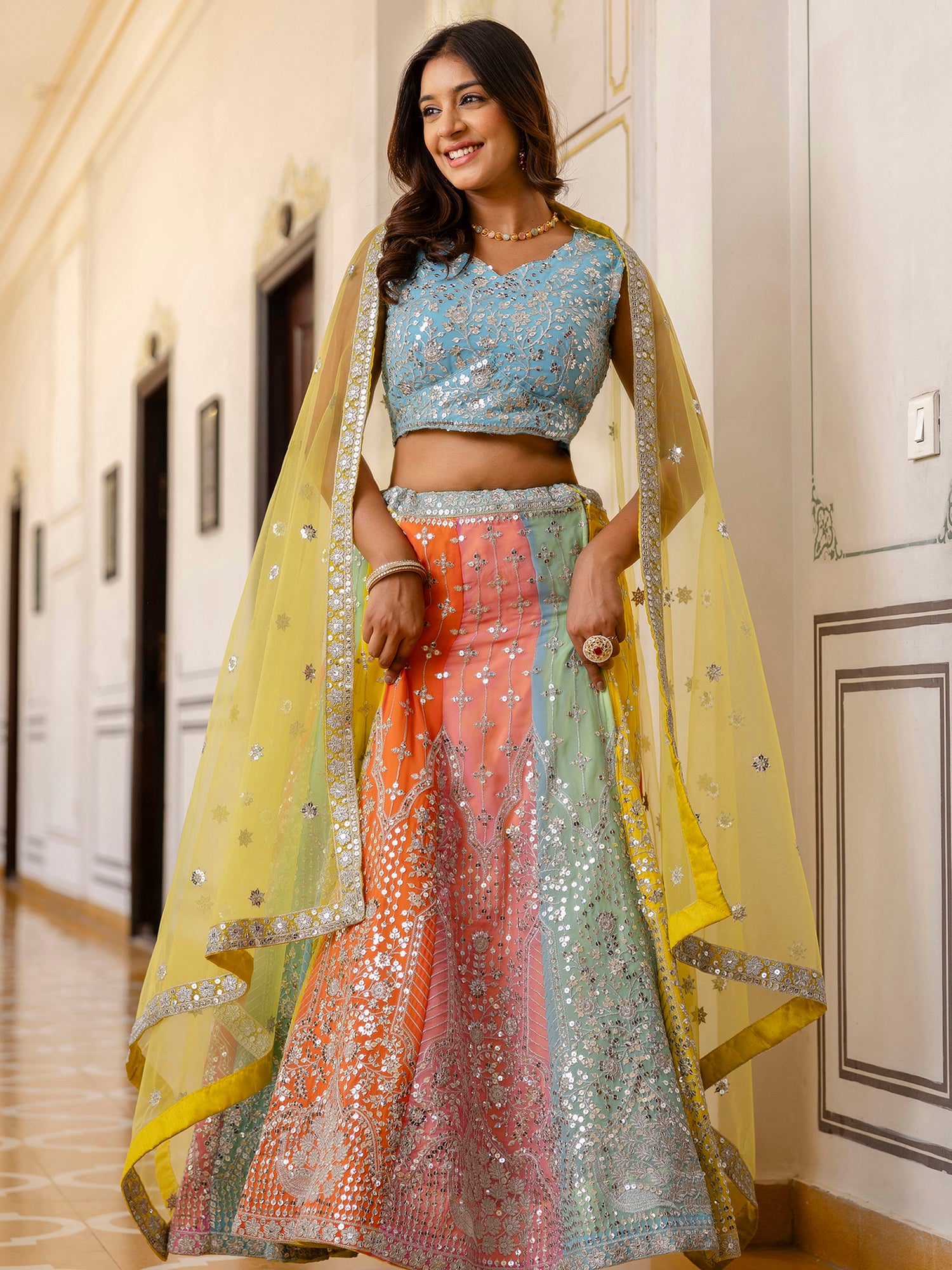 Charming Georgette Multi-Color Party Wear Embroidered Lehenga Choli