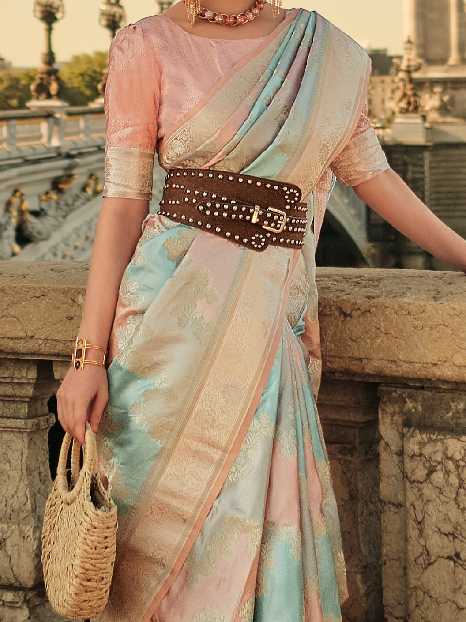 Excellent Multi-Color Zari Weaving Satin Saree With Blouse