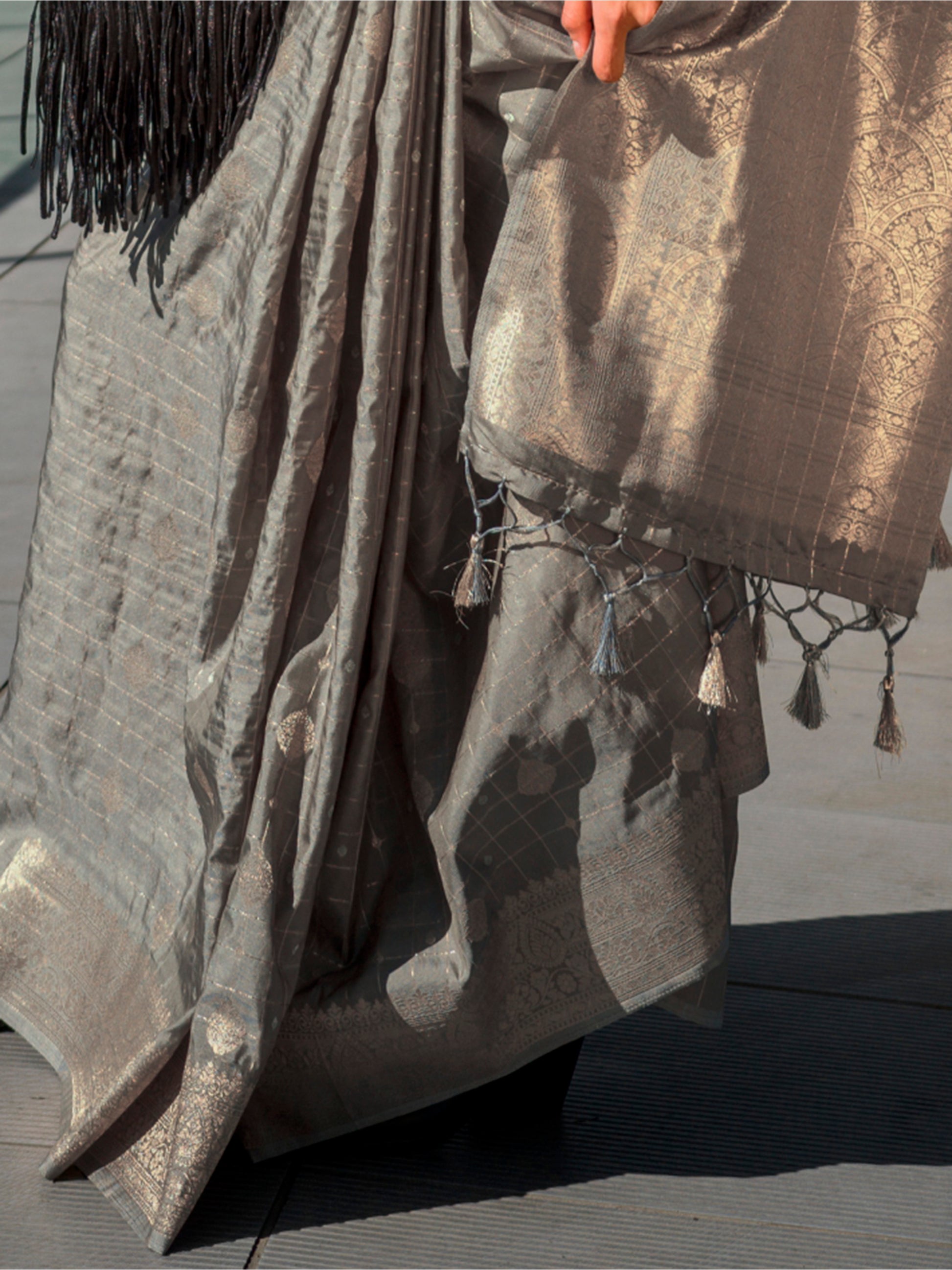 Beautiful Grey Zari Weaving Silk Event Wear Saree With Blouse